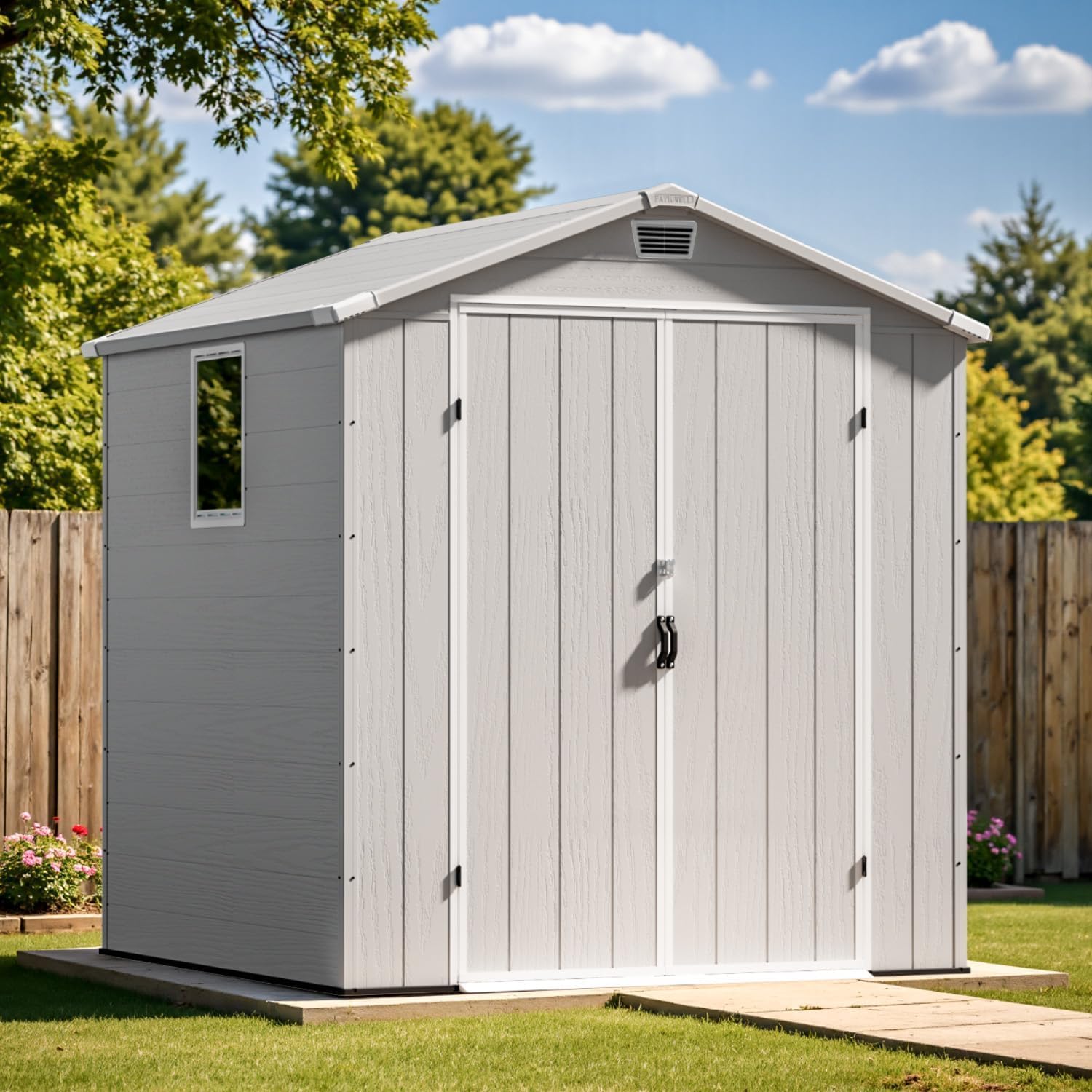 Patiowell 6X6 FT Outdoor Storage Shed with Lockable Door and Floor, Resin Garden Tool Shed with Window, Waterproof Easy Assembly for Backyard, Lawn, Patio Furniture Storage (Light Grey)