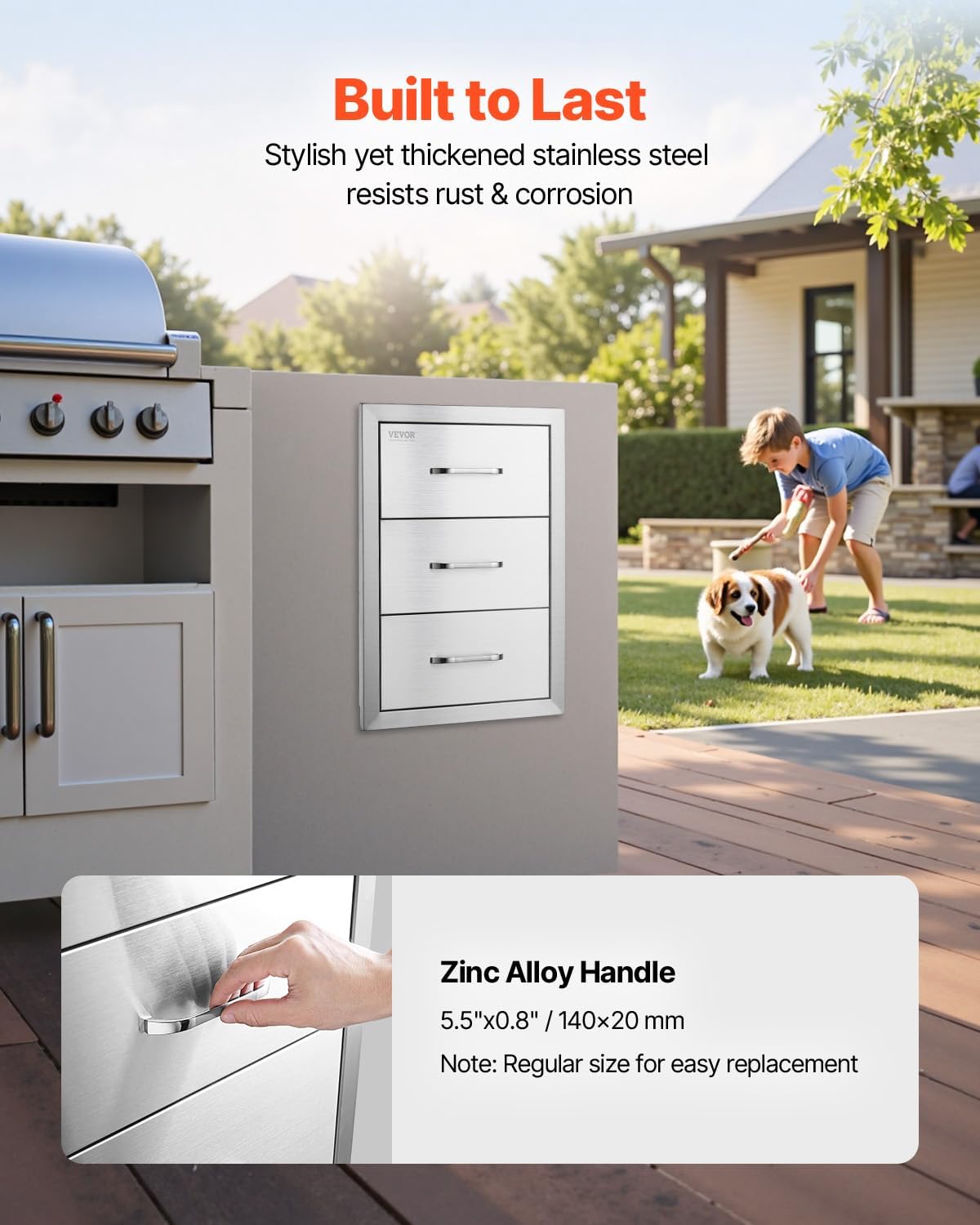 VEVOR Outdoor Kitchen Drawer 16' W x 21.5' H x 18' D, Outdoor Kitchen Cabinets, BBQ Drawer Stainless Steel, Flush Mount Triple Access, with Handle, BBQ Island, Outdoor Grill Patio Grill Station