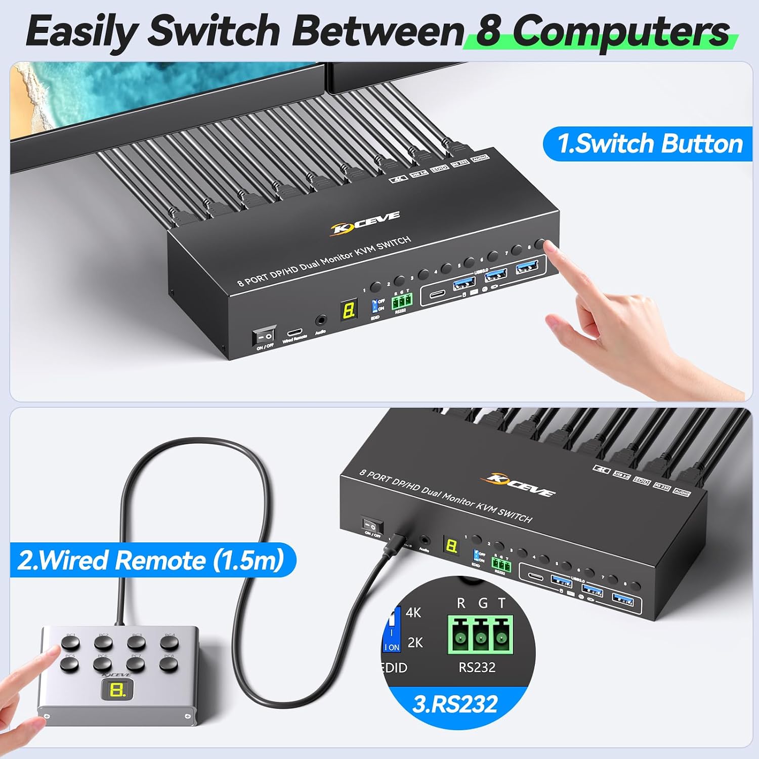 10 Port 8 Port 2 Monitors KVM Switch HDMI 4K@60Hz EDID Simulation, USB 3.0 Dual Monitor KVM Switch 2 Monitors 8 Computers 10 Computers,4 USB3.0 Ports, Audio,RS232,Wired Remote,12V Power,10 USB Cables