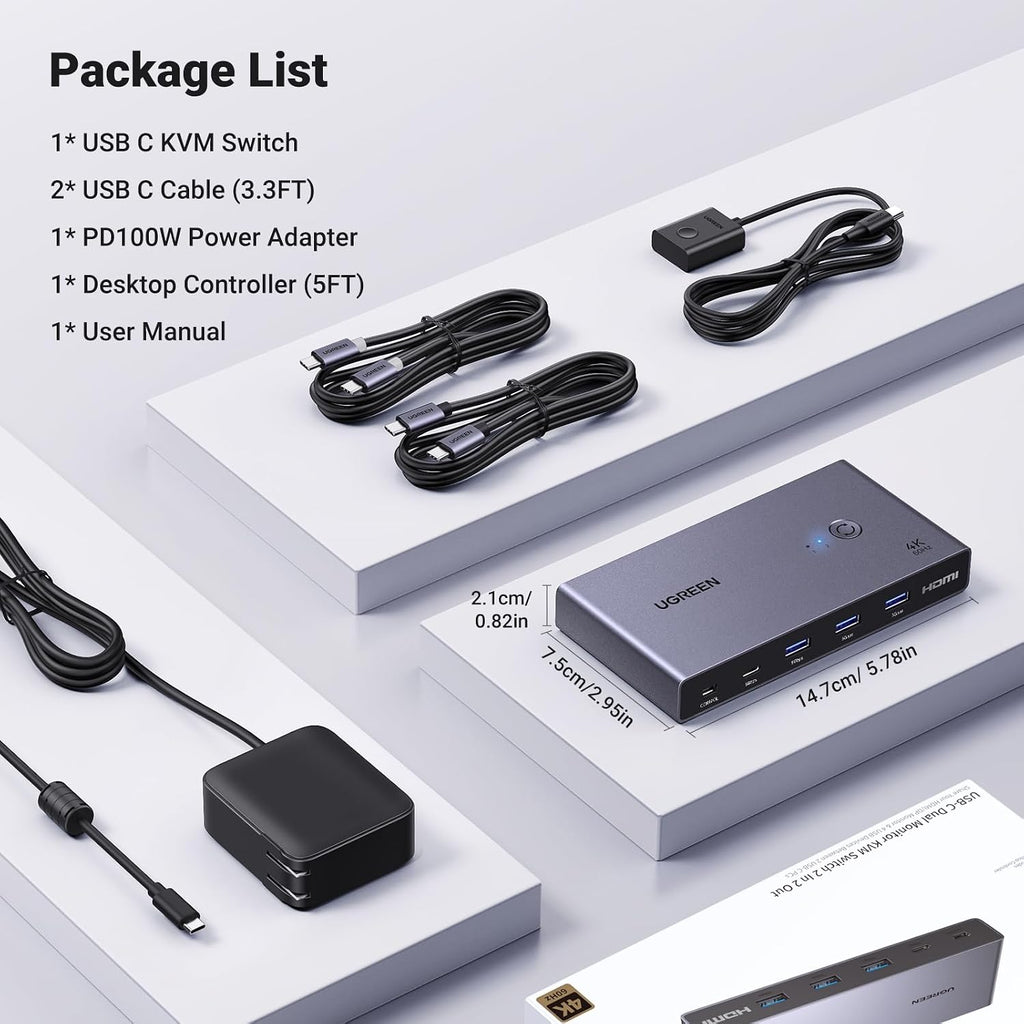 UGREEN USB-C KVM Switch 2 Monitors 2 Laptops with 4 USB 3.0 Ports 4K@60Hz for 2 Laptops Share Dual Monitors Keyboard Mouse Hard Drive Printer with PD100W Power Adapter, 2 USB Cables, Controller