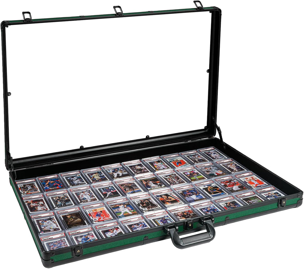 Large Green Cards Trade Show Display Case, Portable Aluminum Trading and Graded Card Display Frame with Locks, Table Top Aluminum Holder with Clear Acrylic Showcase for Jewelry Craft Collector Shows
