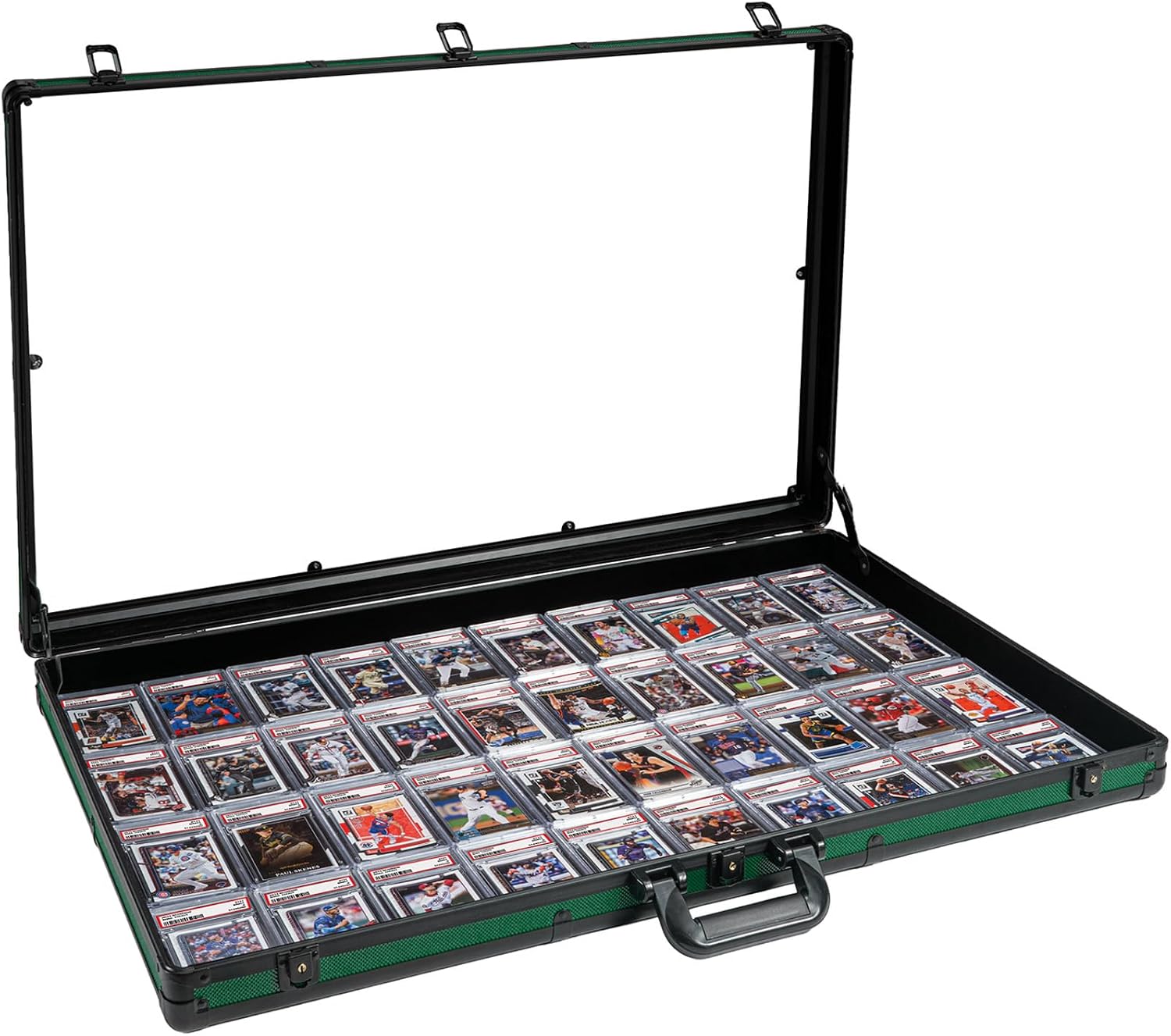 Large Green Cards Trade Show Display Case, Portable Aluminum Trading and Graded Card Display Frame with Locks, Table Top Aluminum Holder with Clear Acrylic Showcase for Jewelry Craft Collector Shows