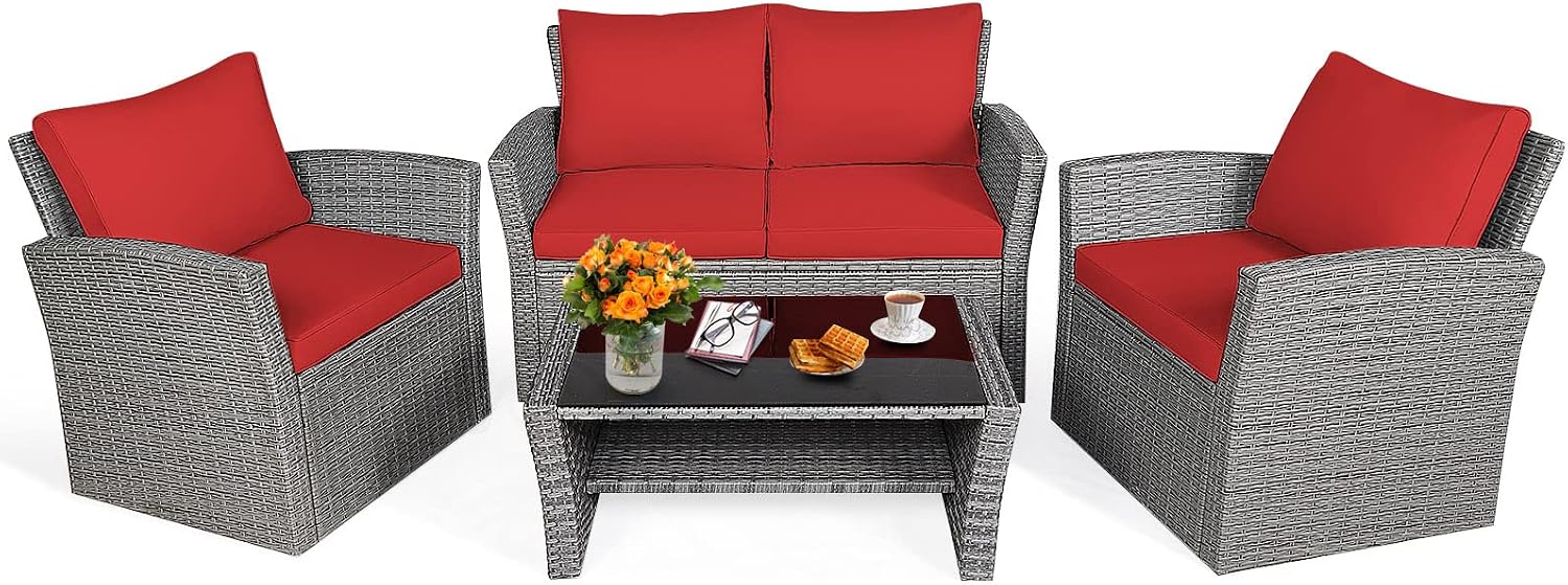 Tangkula 4 Pieces Patio Furniture Set, All Weather Outdoor Sectional Rattan Sofa Set with Cushions & Tempered Glass Table, Wicker Conversation Couch Set for Backyard Garden Poolside