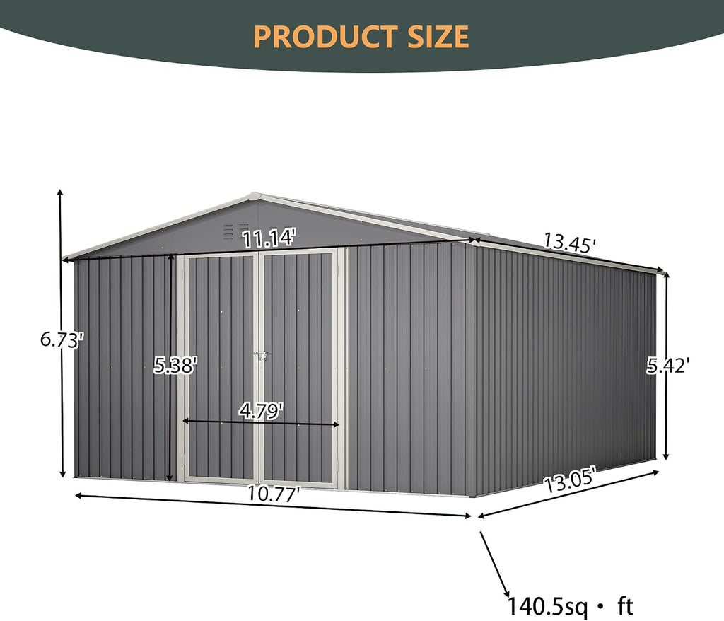 11x13FT Outdoor Storage Sheds with Floor Frame& Lockable Doors Garden Metal Shed Waterproof Galvanized Steel Tool Shed with Air Vents Sloping Roof Ideal for Backyard Patio Lawn Gray