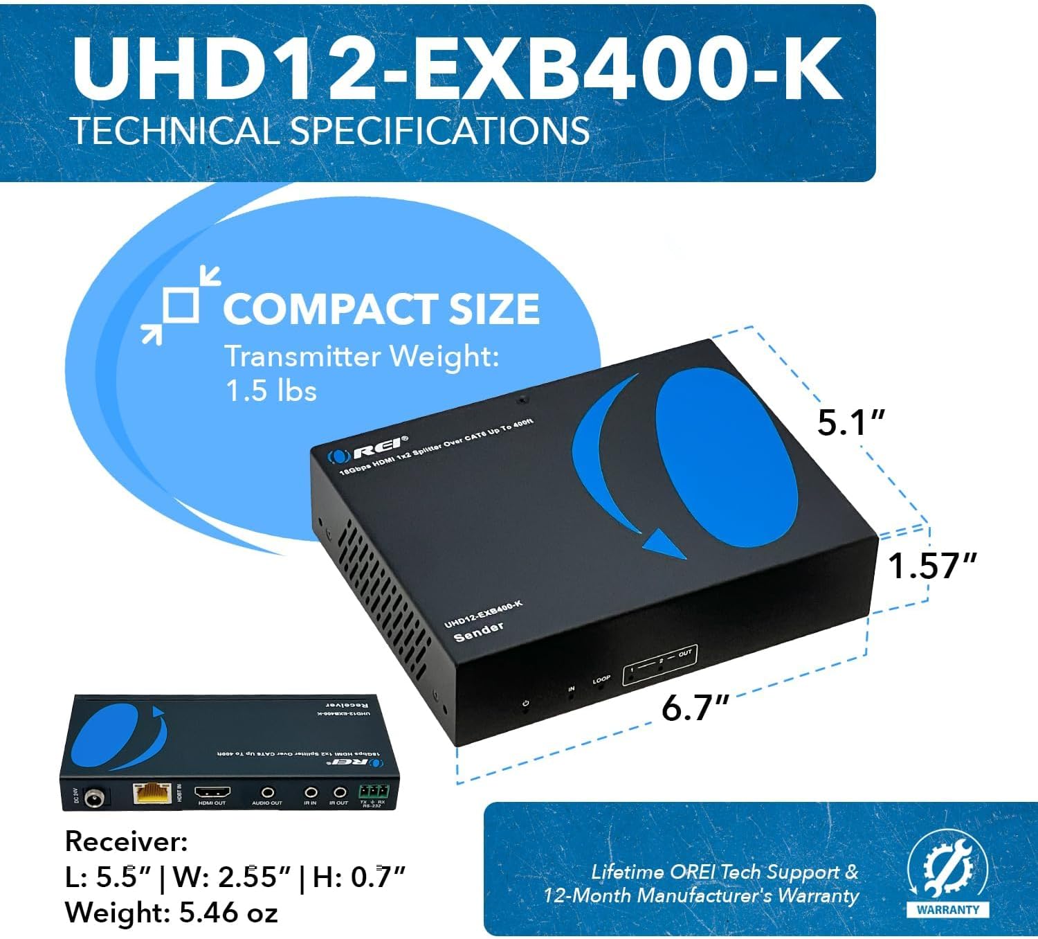 OREI 4K 1x2 HDMI Extender Splitter HDBaseT Over Single Cable CAT6/7 4K@60Hz 4:4:4 HDCP 2.2 with IR Remote EDID Management, HDR - Up to 400 Ft - Loop Out - Low Latency - Power Over Cable