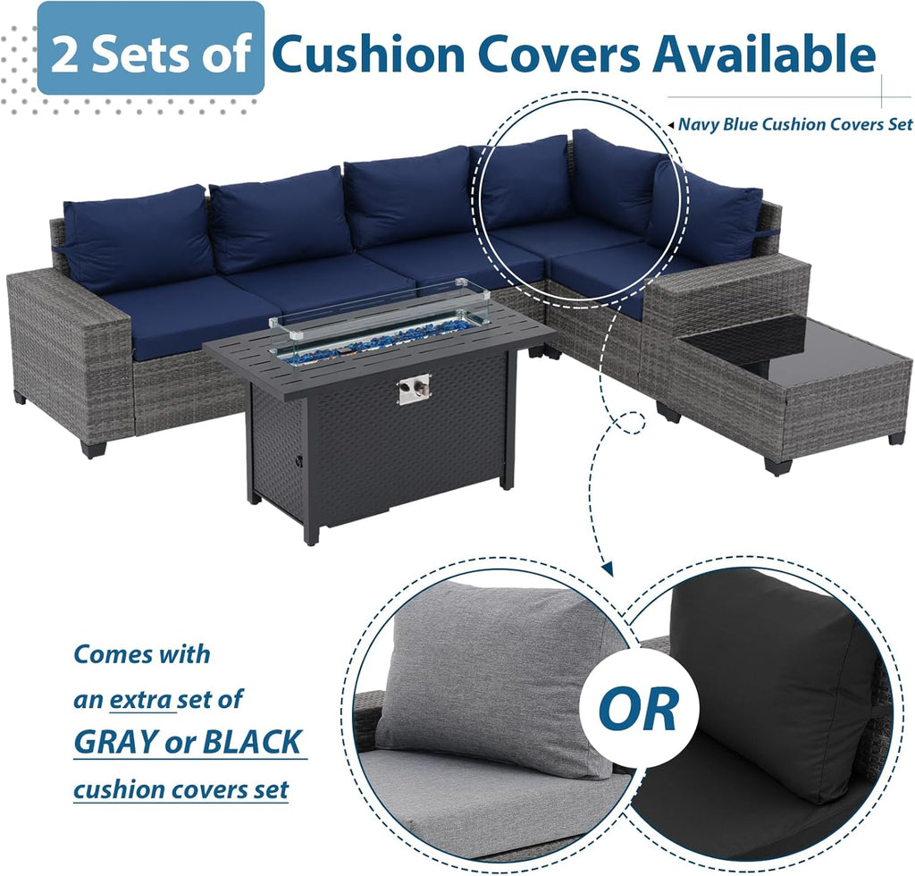 JOIVI 7 Pieces Outdoor Patio Furniture Set with 45' 50000BTU Fire Pit Table, Rattan Patio Conversation Set with Coffee Table, L-Shaped Sectional Sofa and Propane Fire Pit Set, Navy Blue