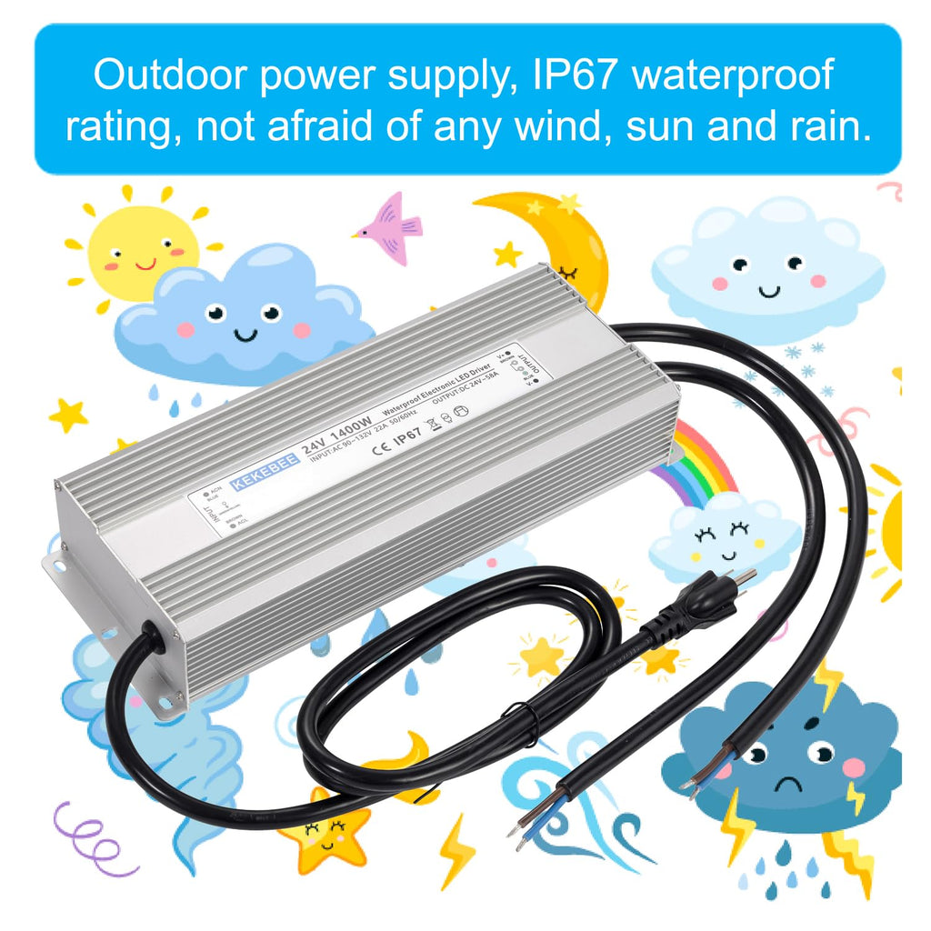 LED Driver 24V1400W Waterproof Power Supply AC90-132V to DC24V58A High Power Switching Power Supply IP67 Transformer Suitable for Indoor and Outdoor LED Lighting and Any 24V DC Equipment