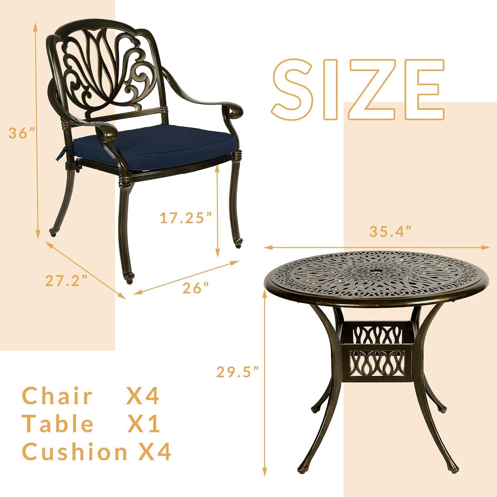 5-Piece Outdoor Patio Dining Set, All-Weather Cast Aluminum Patio Furniture Set for Backyard Garden Deck with 4 Chairs, 4 Cushions and 35.4' Round Table, 2' Umbrella Hole, Navy