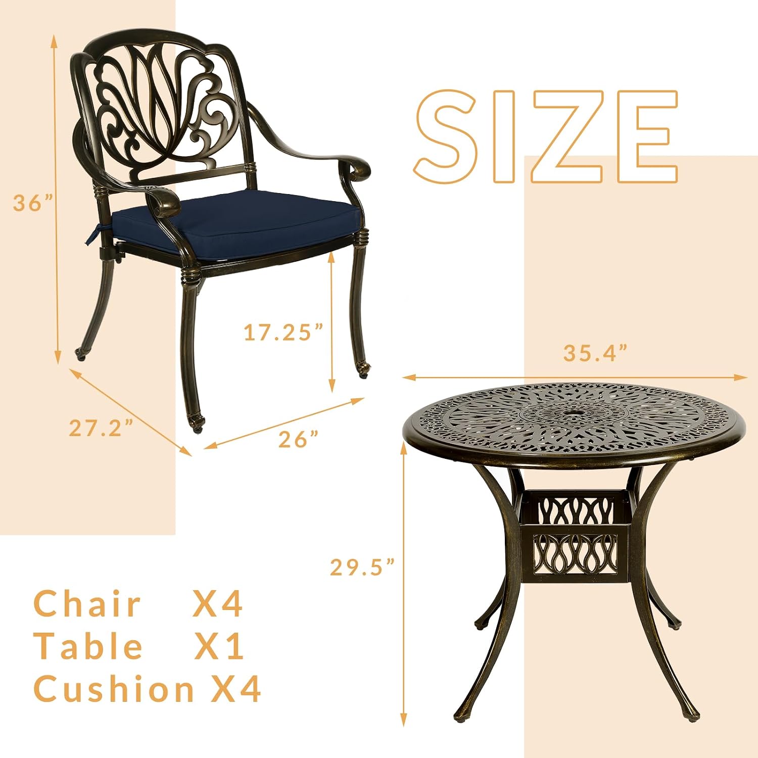 5-Piece Outdoor Patio Dining Set, All-Weather Cast Aluminum Patio Furniture Set for Backyard Garden Deck with 4 Chairs, 4 Cushions and 35.4' Round Table, 2' Umbrella Hole, Navy