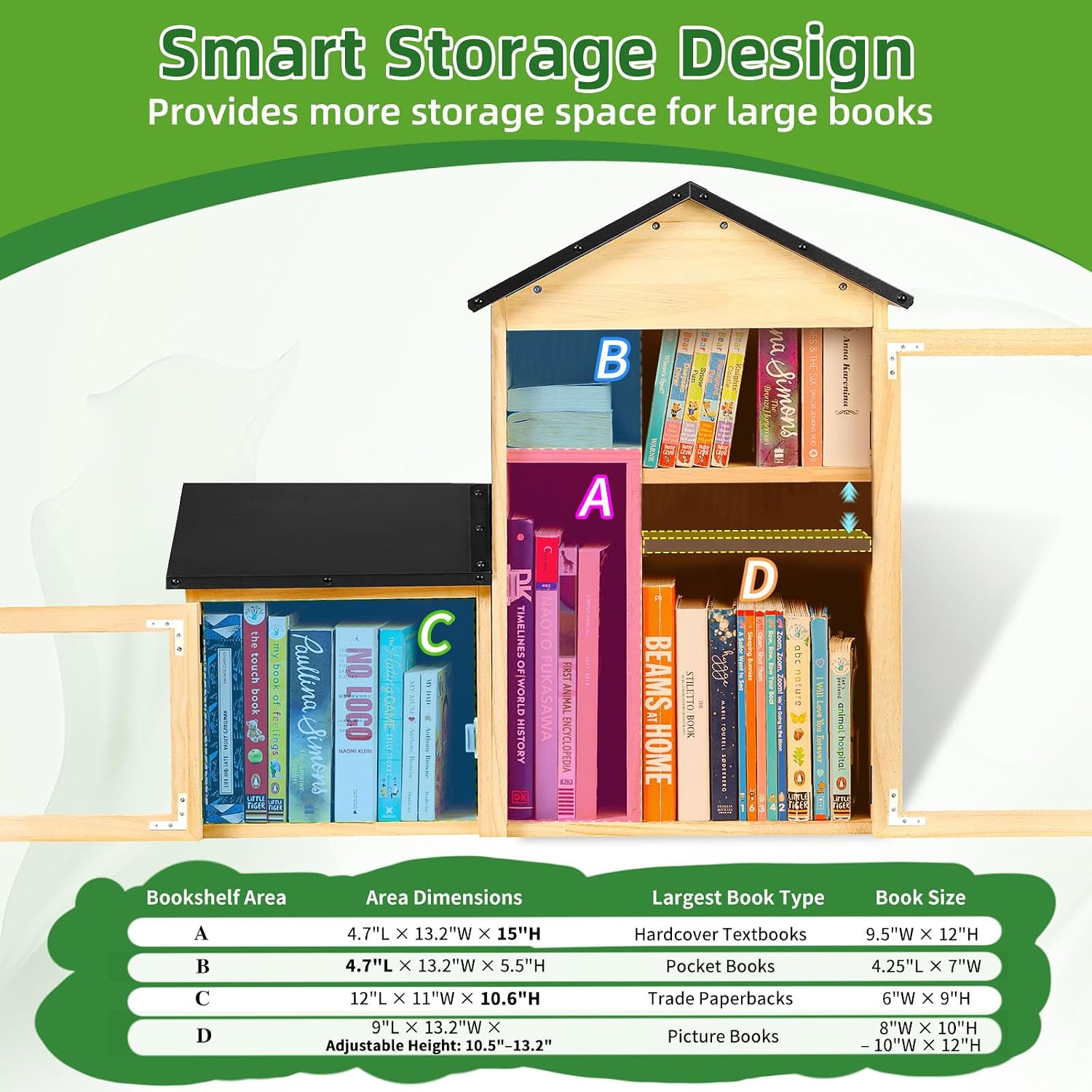 Outdoor Library Book Box, Solid Wood Free Library with Large & Small Compartments, Waterproof Coating & Metal Joint Trim, Adjustable Storage, Easy Install Community Book, Literature, Newspaper Sharing