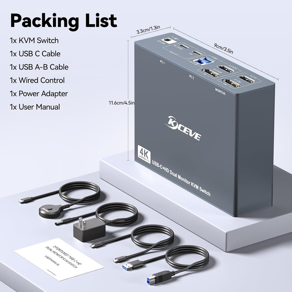4 Port HDMI KVM Switch 2 Monitors 4 Computers 4K@60Hz EDID Simulation,Dual Monitor KVM Switch with 4 USB 3.0 Ports for USB Peripherals,Audio,RS232,with Wired Remote,12V Power and 4 USB Cables