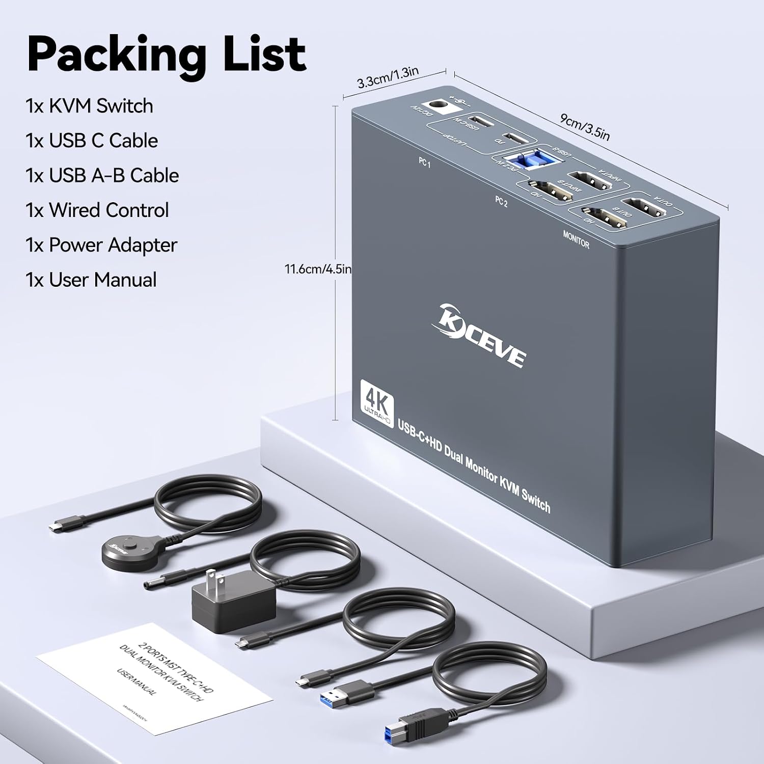4 Port HDMI KVM Switch 2 Monitors 4 Computers 4K@60Hz EDID Simulation,Dual Monitor KVM Switch with 4 USB 3.0 Ports for USB Peripherals,Audio,RS232,with Wired Remote,12V Power and 4 USB Cables