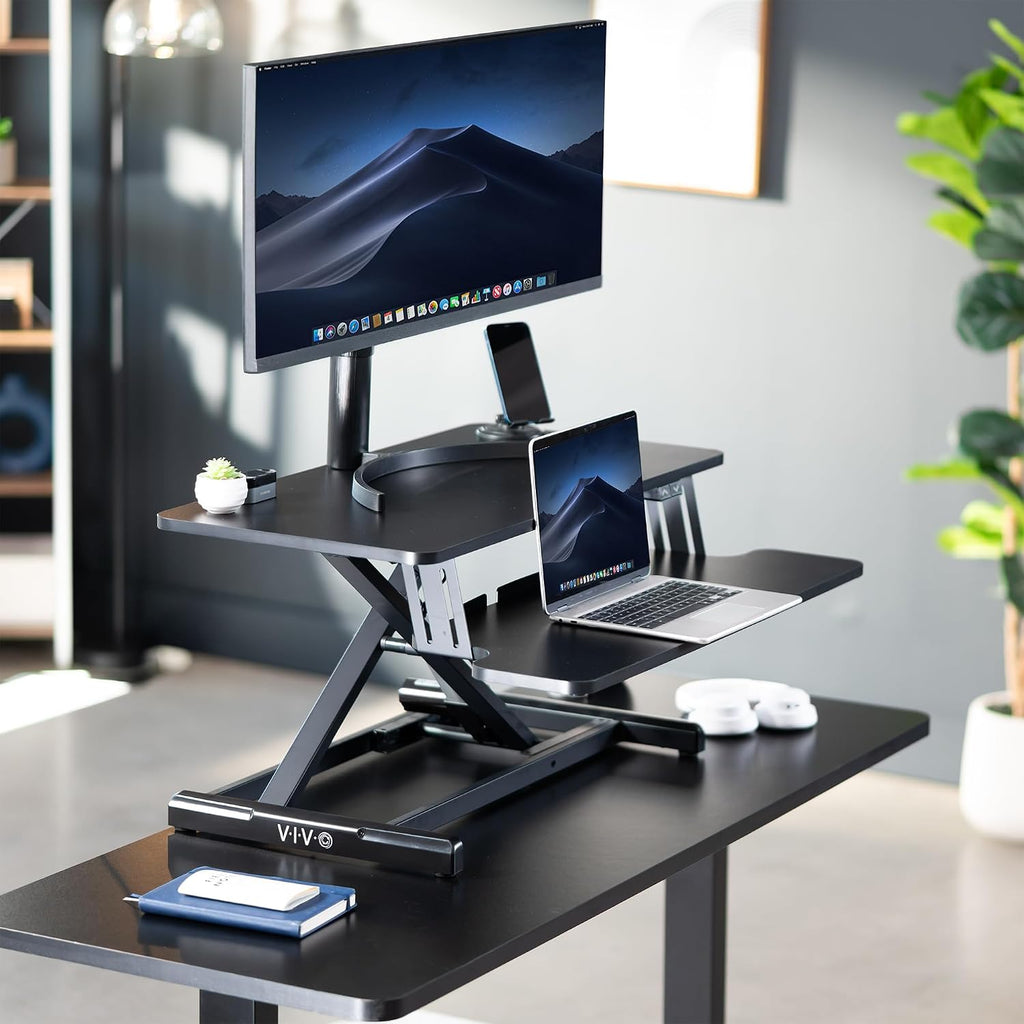 VIVO 32 inch Electric Motor Desk Converter, Height Adjustable Riser, Sit to Stand Dual Monitor and Laptop Workstation with Wide Keyboard Tray, Black, DESK-VE32B