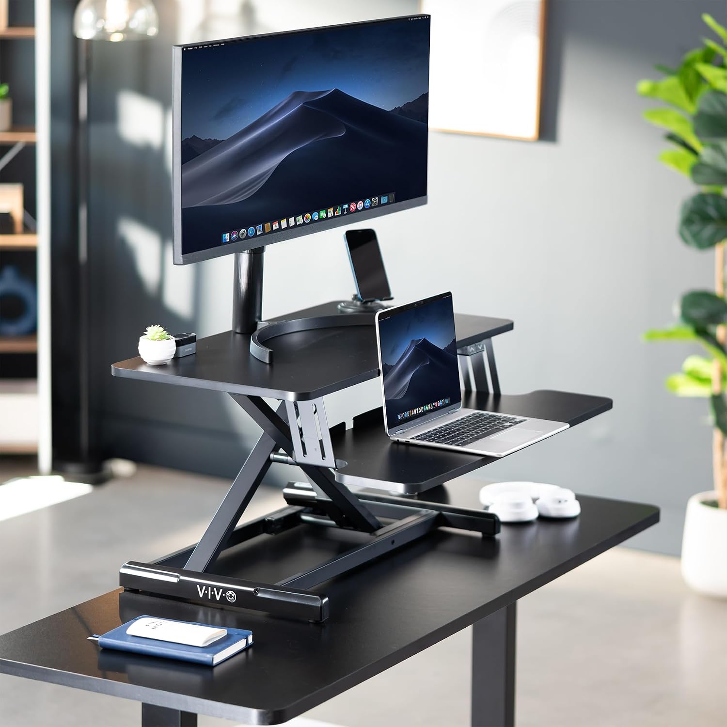 VIVO 32 inch Electric Motor Desk Converter, Height Adjustable Riser, Sit to Stand Dual Monitor and Laptop Workstation with Wide Keyboard Tray, Black, DESK-VE32B
