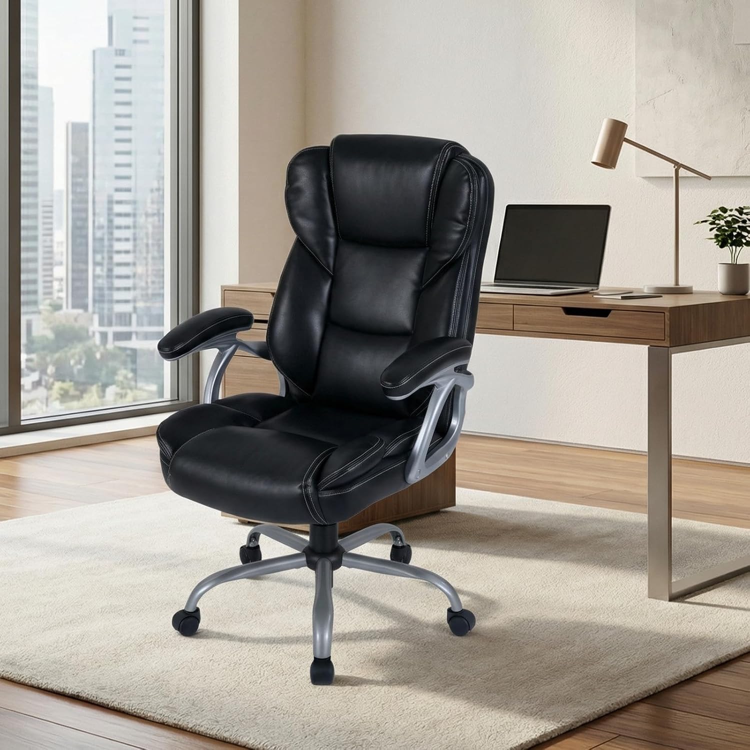 Giantex Executive Office Chair, Leather Ergonomic Computer Desk Chair w/Rocking Function, Padded Seat & Arms, Height Adjustable Gaming Chairs, High Back Rolling Swivel Chair for Home Office (Black)