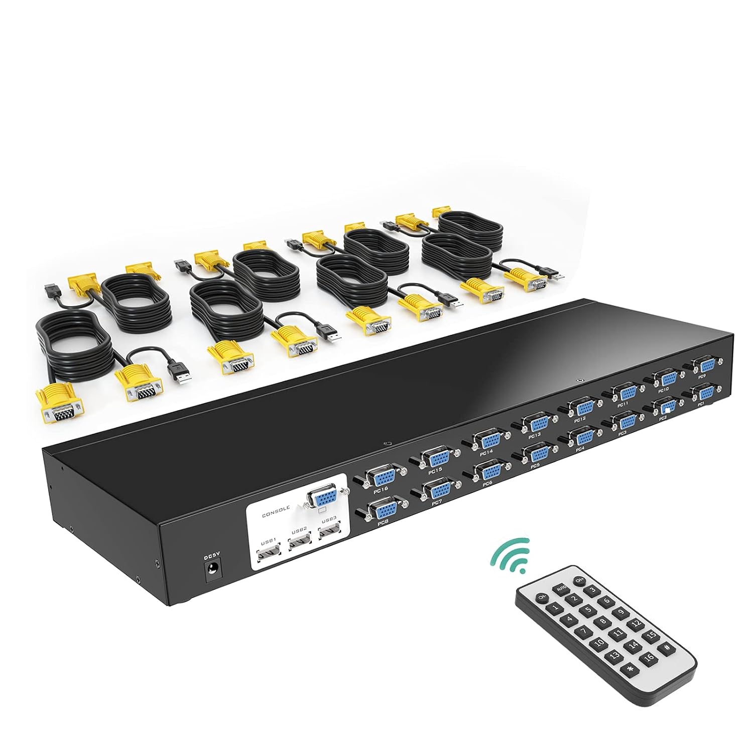 MT-VIKI 16 Port KVM Switch, 16X1 Rackmount KVM Switch VGA, Included 16 KVM Cables & Remote, Fit 1U 19'' Rack
