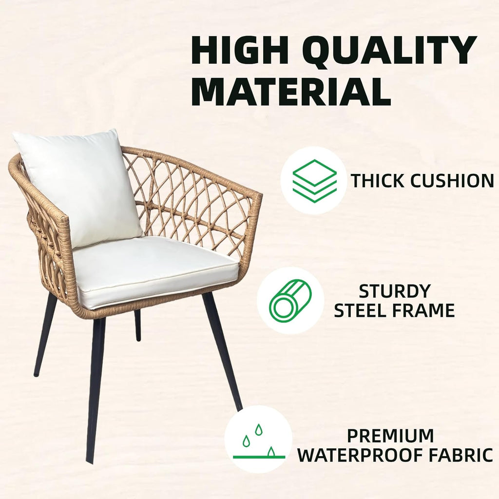 4 Piece Patio Furniture Set,Outdoor Conversation Set with Wicker Sofa, 2 Rattan Chairs and Glass Table, Patio Bistro Set with All Weather Cushions, for Garden, Porch, Backyard (Beige)