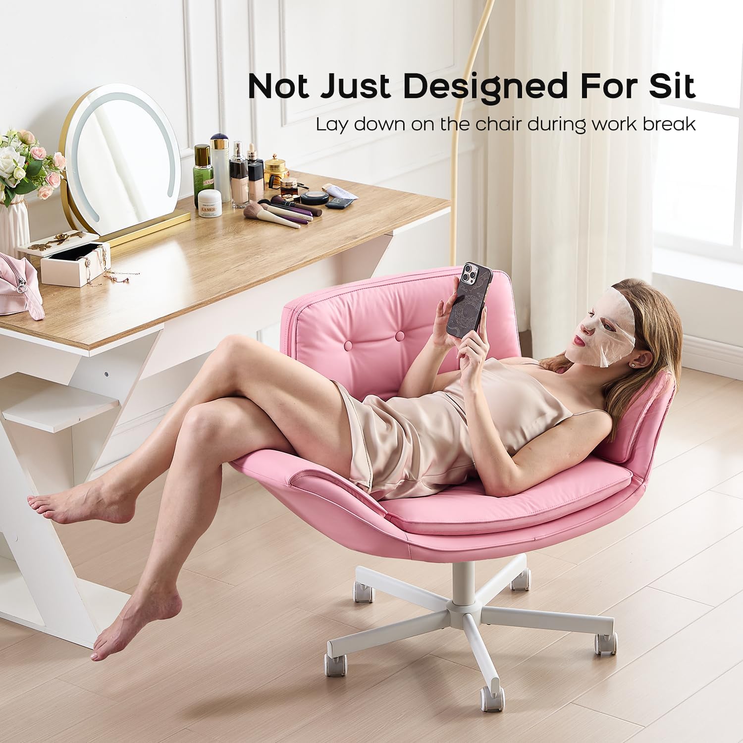 amseatec Criss Cross Office Chair, PU Leather Vanity Chair with 5-Level Adjustable Armrests & Swivel, Ergonomic Criss Cross Chair for Home Office Bedroom Makeup（Pink）