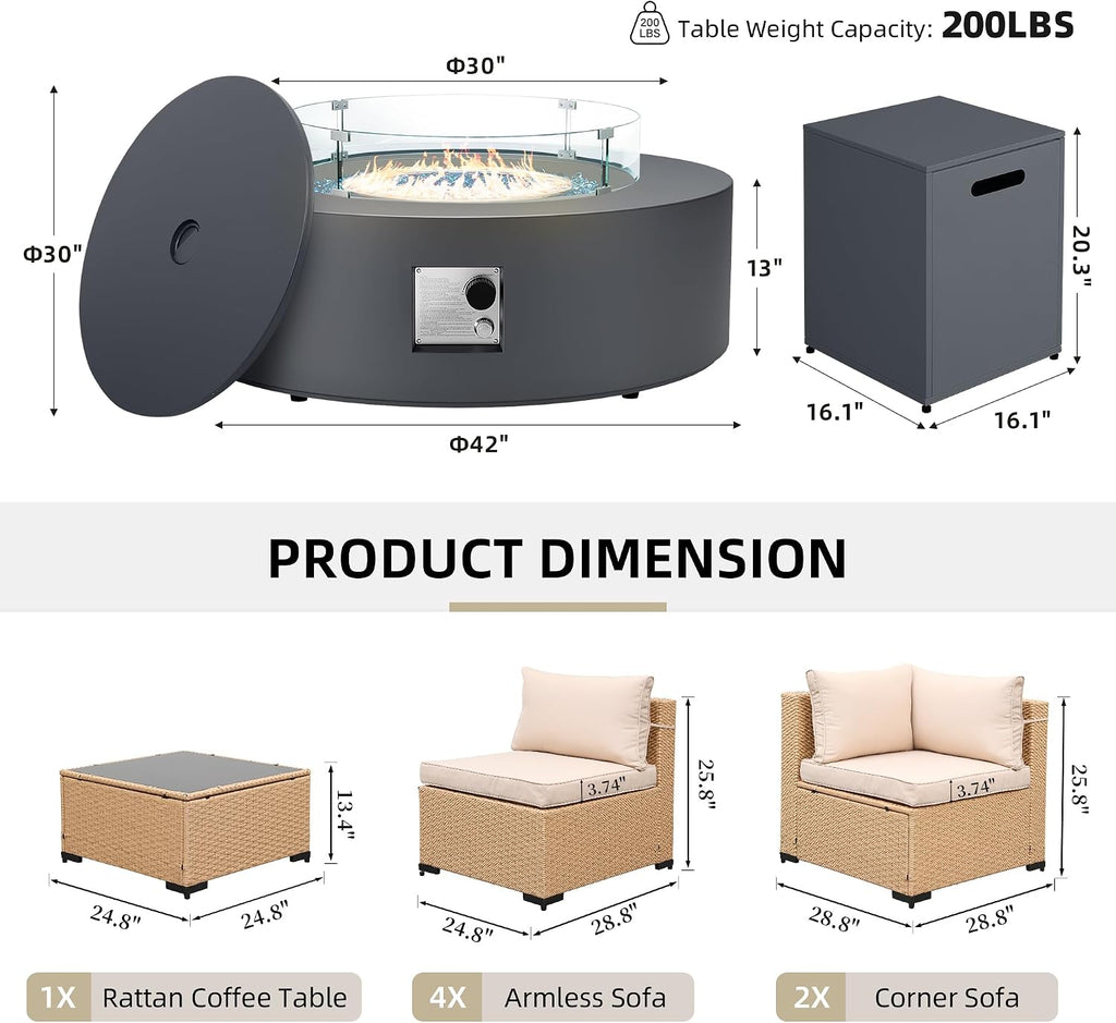 UPHA 9 Pieces Patio Furniture Sets, Wicker Outdoor Sectional Sofa Couch with Round Propane Pit for Deck Backyard Garden, Beige Rattan, Beige Cushion