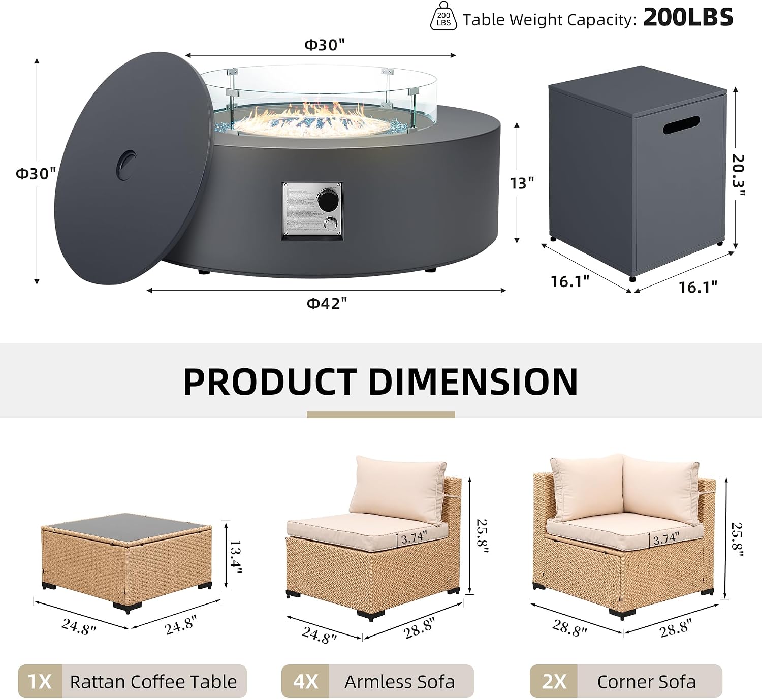 UPHA 9 Pieces Patio Furniture Sets, Wicker Outdoor Sectional Sofa Couch with Round Propane Pit for Deck Backyard Garden, Beige Rattan, Beige Cushion