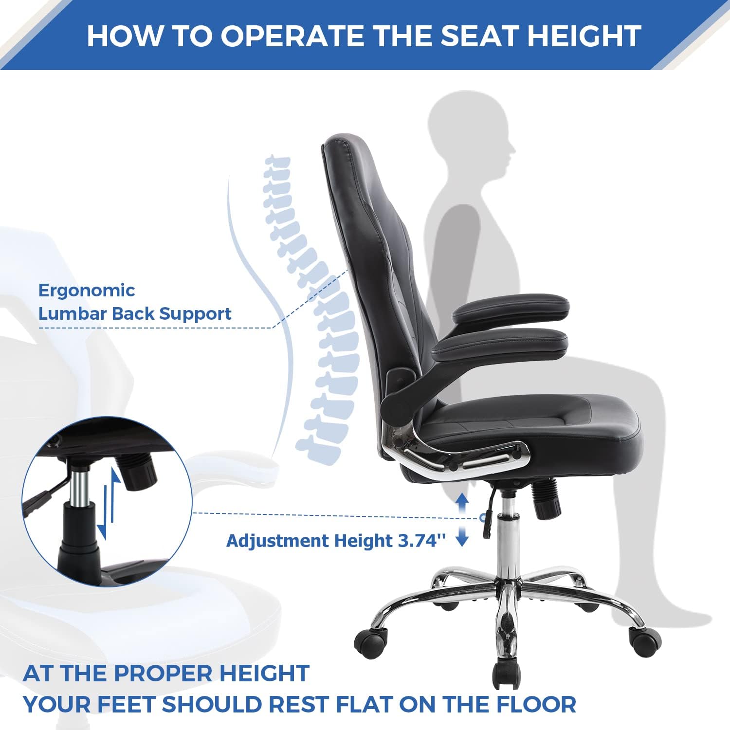 ZUNMOS Home Gaming Ergonomic Office Flip-up Armrest and Height Adjustable Desk Splicing PU Leather Computer Chair with Lumbar Support, Black (3959-BKZ6)