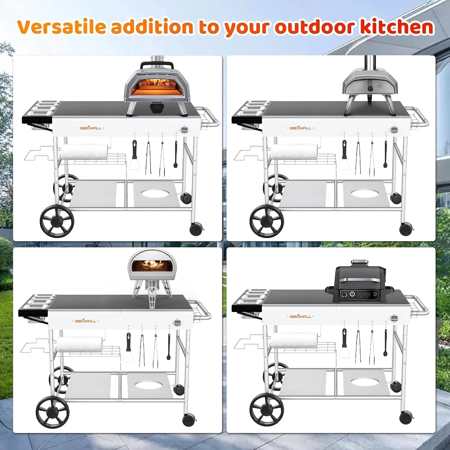 Pizza Oven Table Grill Cart with Pizza Topping Station Movable Food and Prep Workcart Outdoor Grill Table Stand for Ninja Woodfire Blackstone Griddle Cuisinart etc Grill, Barbecue tool set