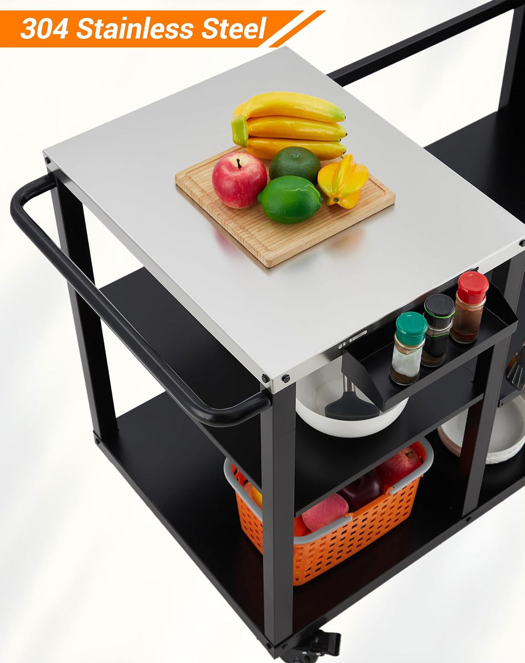 Grill Table Cart Compatible with Big Green Egg, Heavy-Duty Metal Grill Stand with Stainless Steel Side Tables, Storage Shelf, Hooks, Spice Rack, Paper Towel Holders & Garbage Bag Rack