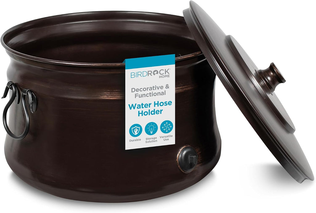 BIRDROCK HOME Water Hose Holder - Decorative Metal Pot, Indoor or Outdoor, Garden Storage Organizer, Patio Portable Bucket - Distressed Bronze, Holds up to 200ft Hoses, Large with Lid