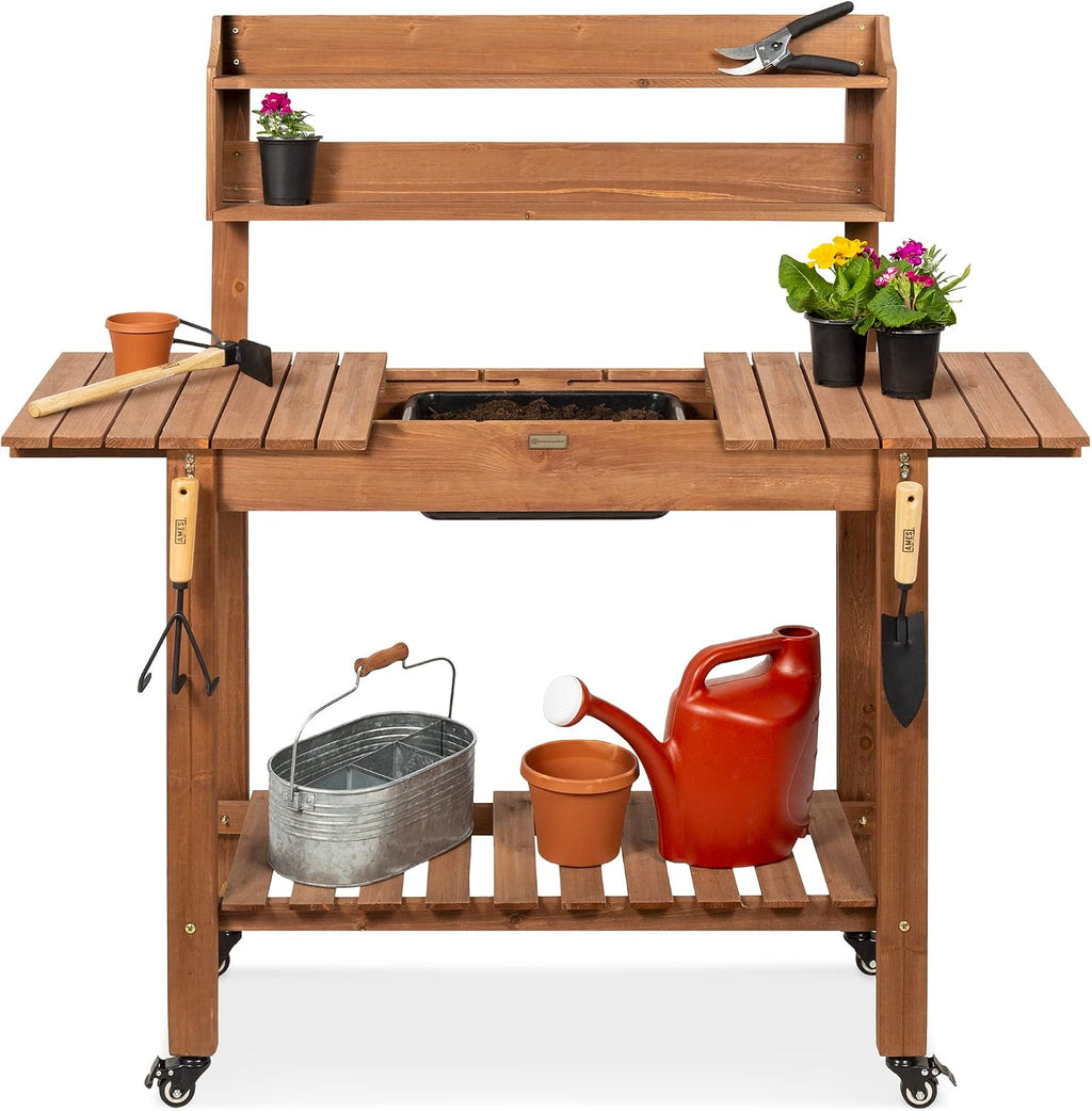 Best Choice Products Mobile Garden Potting Bench, Outdoor Wood Workstation Table w/Sliding Tabletop, 4 Locking Wheels, Food Grade Dry Sink, Storage Shelves - Brown