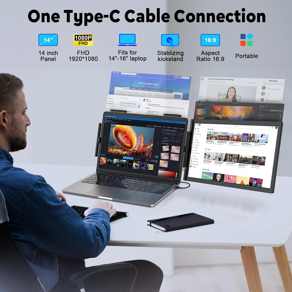 KEEPTIME Laptop Screen Extender, 14' 1080P IPS Laptop Monitor Extender for 14'-16' Laptops, with USB-C/HDMI Port, Plug and Play Portable Monitor for Windows/Mac/Android/Switch/PS5