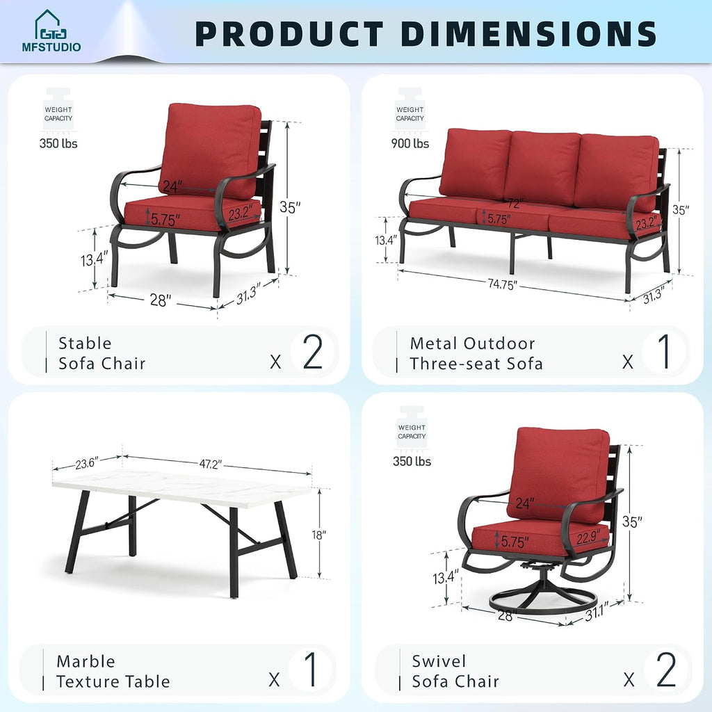 MFSTUDIO 6 Pieces Metal Patio Furniture Sets, 2 Swivel Chairs, 3-Seat Loveseat Sofa, 2 Patio Chairs & 1 Marbling Coffee Table, All Weather 7 Seats Outdoor Conversation Set for Garden, Burgundy Red