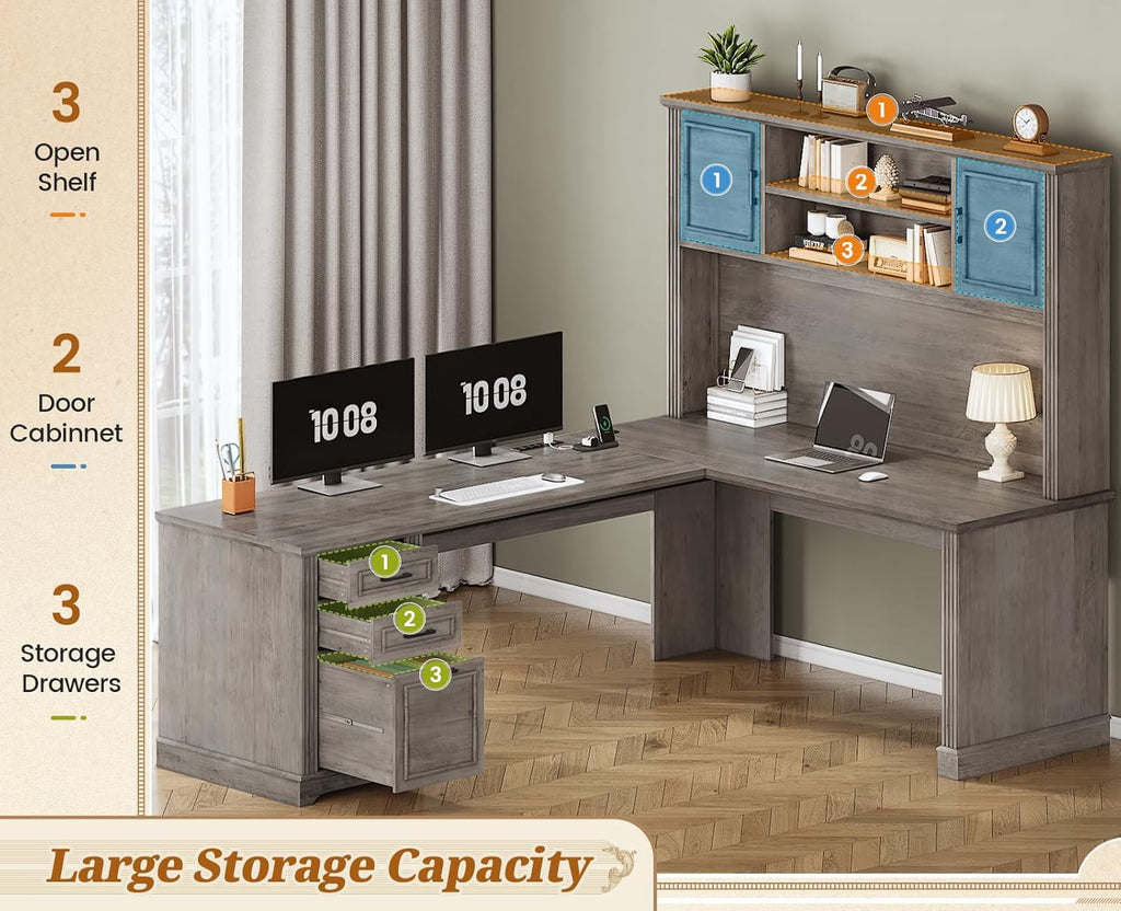 SEDETA Farmhouse L Shaped Desk with Hutch and 3 Drawers, 68.9' Executive Office Desk with File Drawer and Power Outlet, Corner Computer Desk with Storage Shelves for Home Office (Grey)