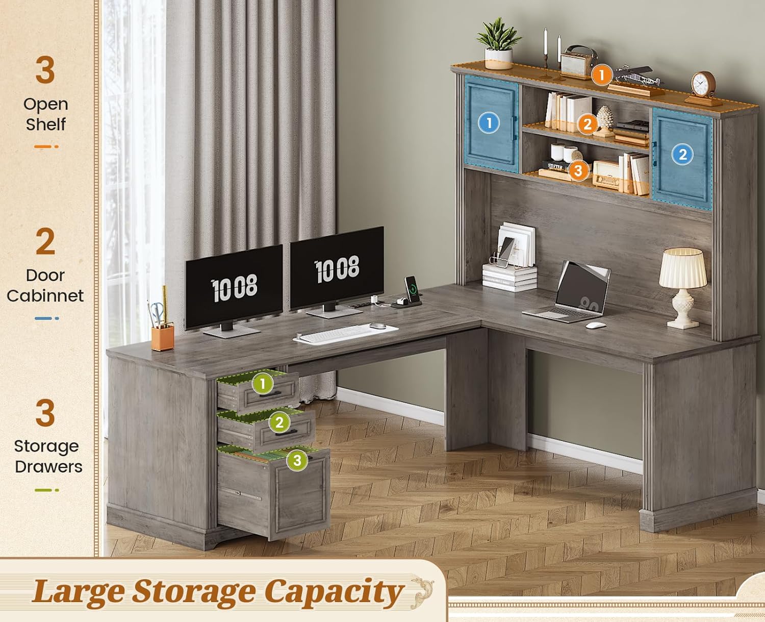SEDETA Farmhouse L Shaped Desk with Hutch and 3 Drawers, 68.9' Executive Office Desk with File Drawer and Power Outlet, Corner Computer Desk with Storage Shelves for Home Office (Grey)