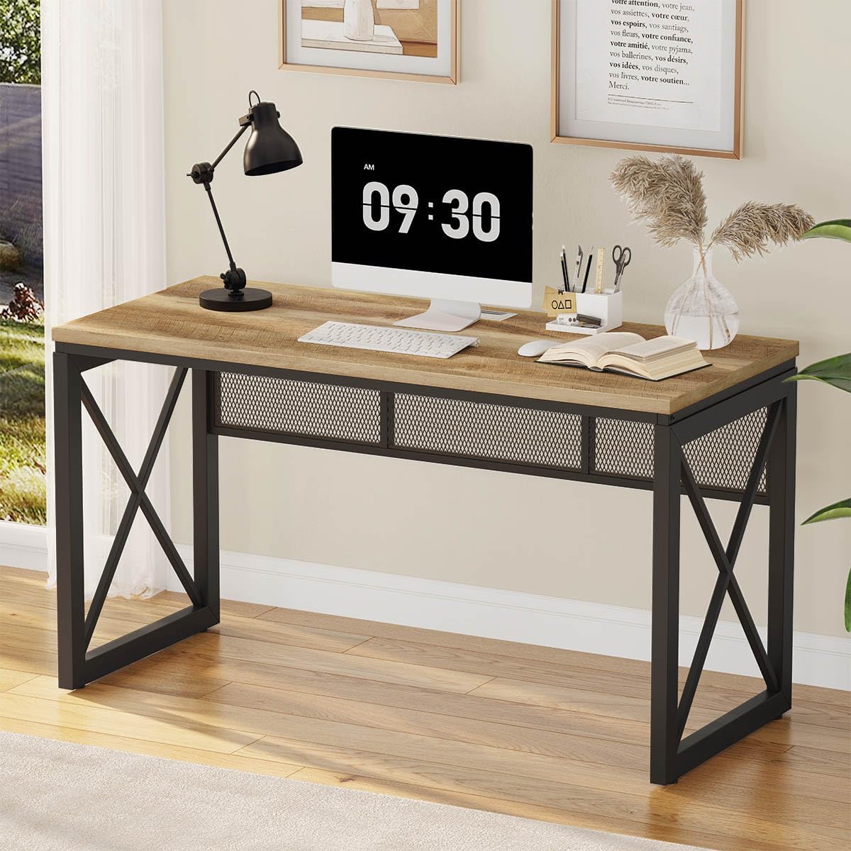 BON AUGURE Farmhouse Computer Desk, Modern Industrial Home Office Desks, Wood Metal Study Writing Table, Sturdy Gaming Desk (Vintage Oak, 54 Inch)