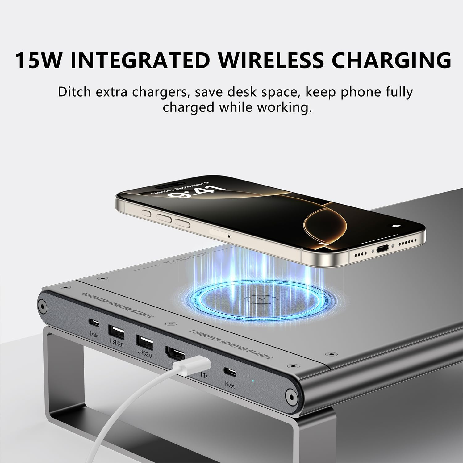 Monitor Stand with Docking Station, Aluminum Monitor Riser with 6-in-1 Docking Station: 4K HDMI, USB-C, USB 3.0, PD 100W, Wireless Charging,Metal Desk Stand with Storage-Silver Gray