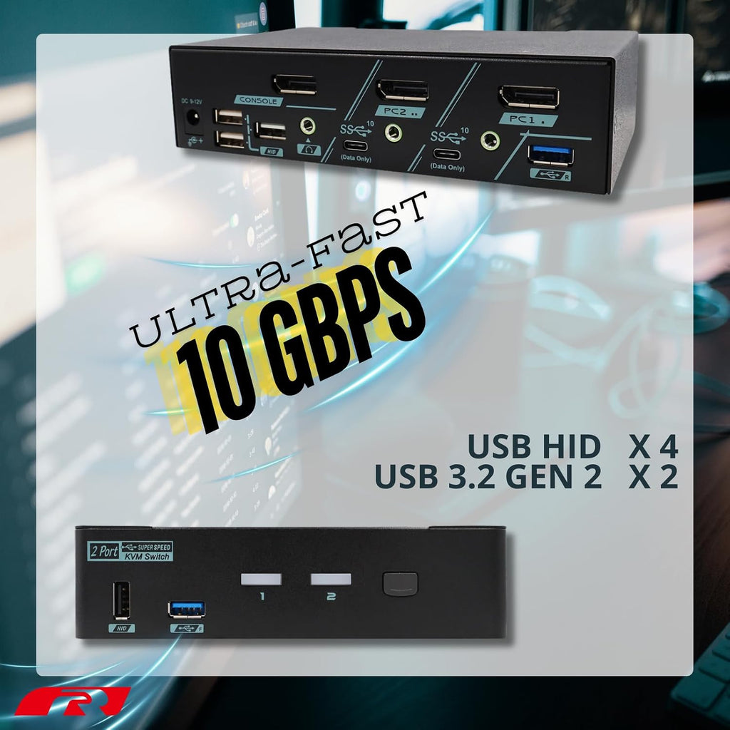 8K DisplayPort 1.4 KVM Switch for 2 Computers 1 Monitor, USB 3.2 Gen 2 (10 Gbps), HDCP 2.2 Compliant, EDID Emulator, HDR, Deep Color, Plug & Play, Ideal for Office and Gaming, PAAG-ET3112B