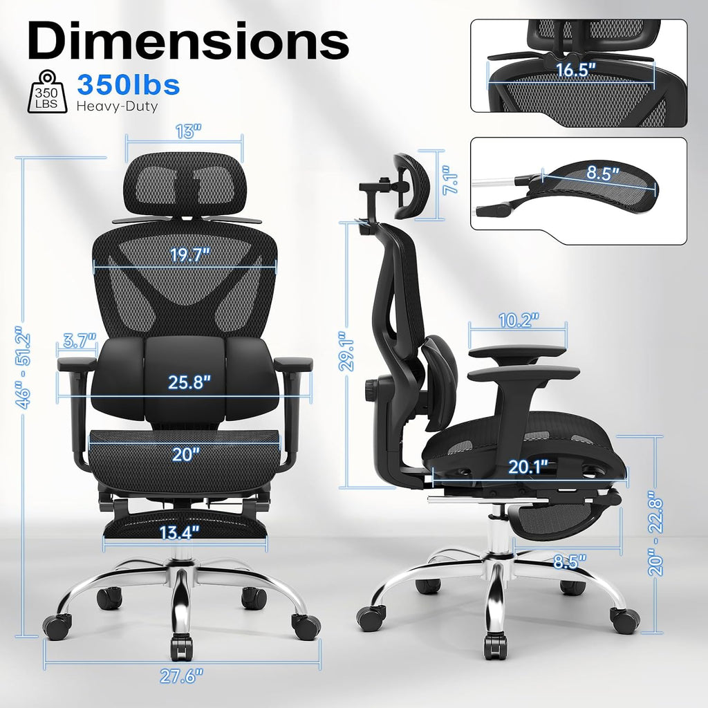 Freepub Ergonomic Mesh Office Chair, Home Desk Chair with Adjustable Lumbar Support, 3D Headrest and Armrests, Reclining Big and Tall High Back Computer Gaming Chair for Man Women, 350lbs, Black