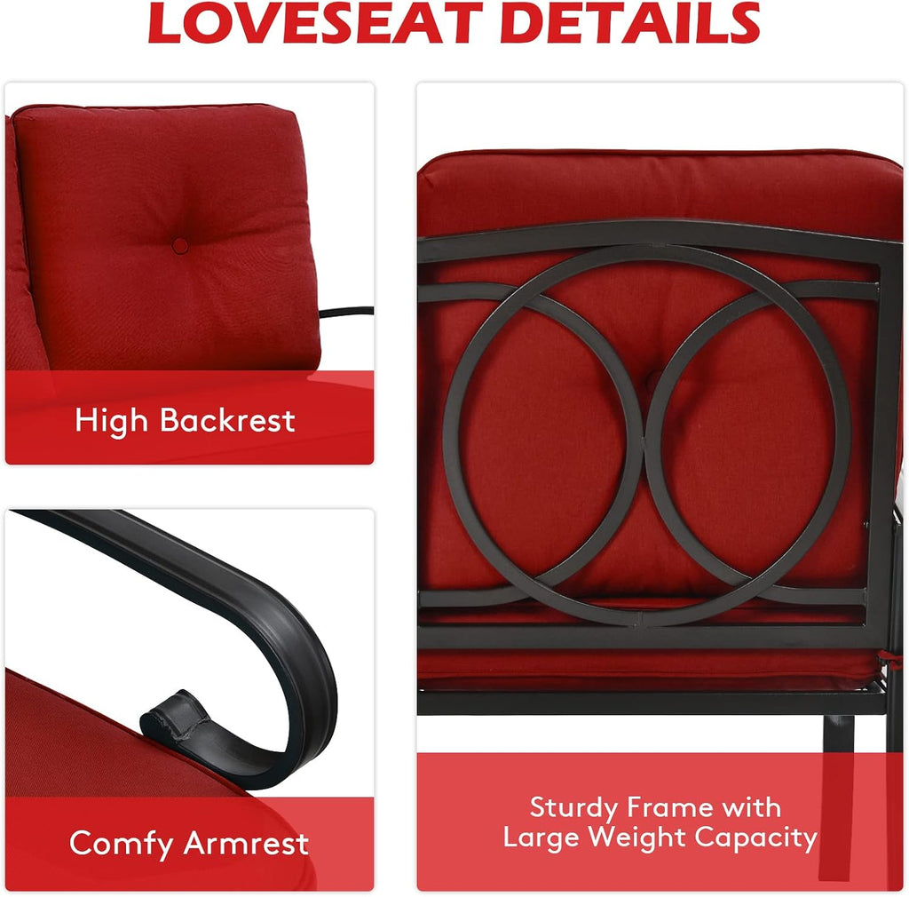Giantex Patio Loveseat with Coffee Table Outdoor Bench with Cushion and Metal Frame, Loveseat Porch Furniture Set Sofa for Garden, Yard, Patio or Poolside (Deep Red & Black)