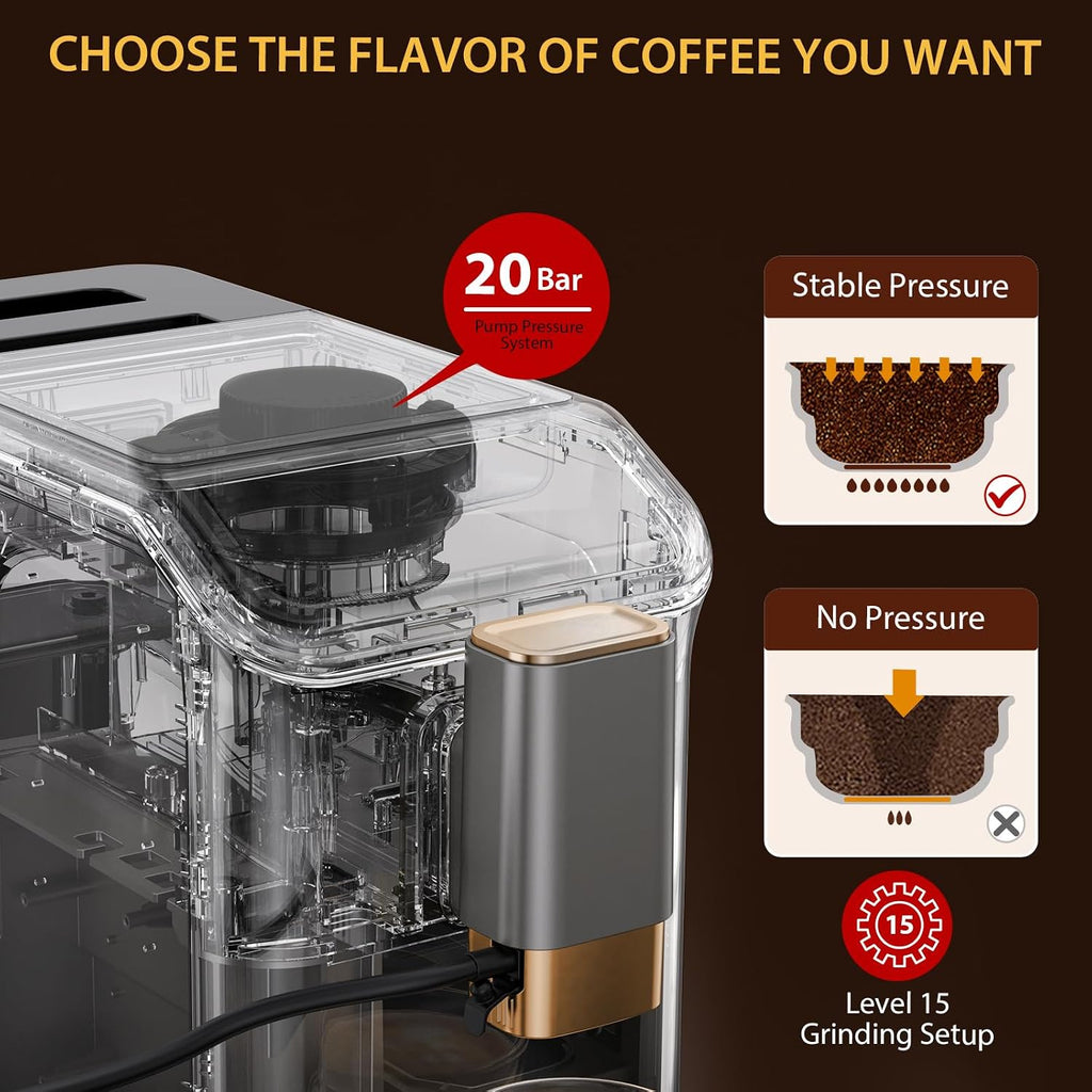 Espresso Maker With Milk Frother - Fully Automatic, 4-Beverage Options, Built-In Grinder, Intuitive Touch Display, and Sleek Gunmetal Finish