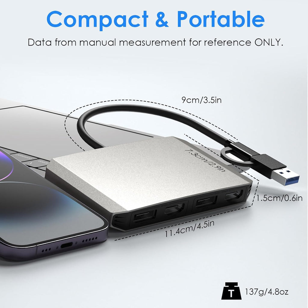 ASHATA USB C and USB 3.0 to Dual 4K DisplayPort HDMI Adapter, Monitor Splitter Extended Display for Dual Monitor 4K@60Hz DisplayPort Splitter, Aluminum Alloy