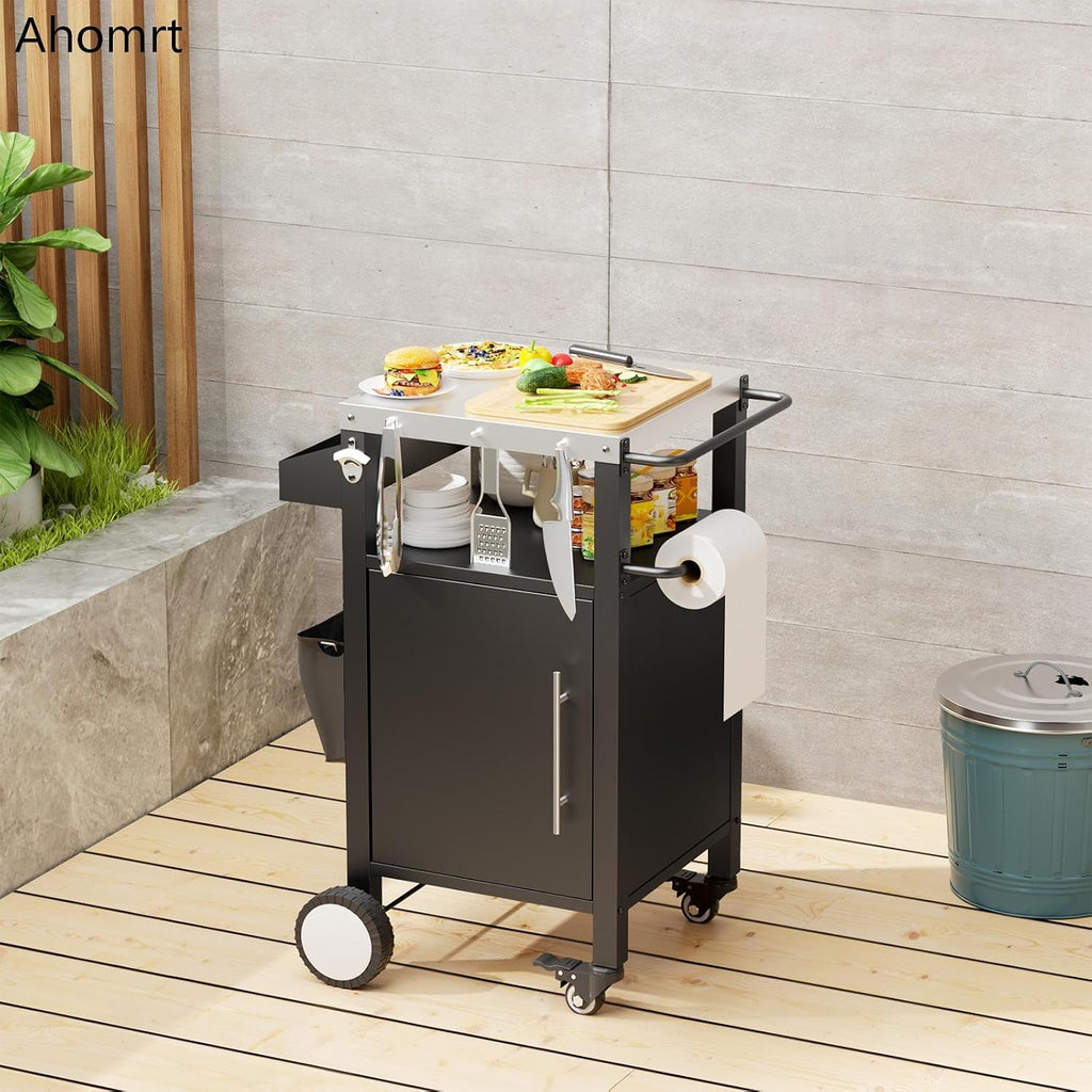 Outdoor Grill Cart with Patio Furniture, Outdoor Grill Table with Storage,Rolling Bar Cart Outdoor BBQ Cart with Hooks and Spice Rack for Grilling Accessories(Single Door, Black)