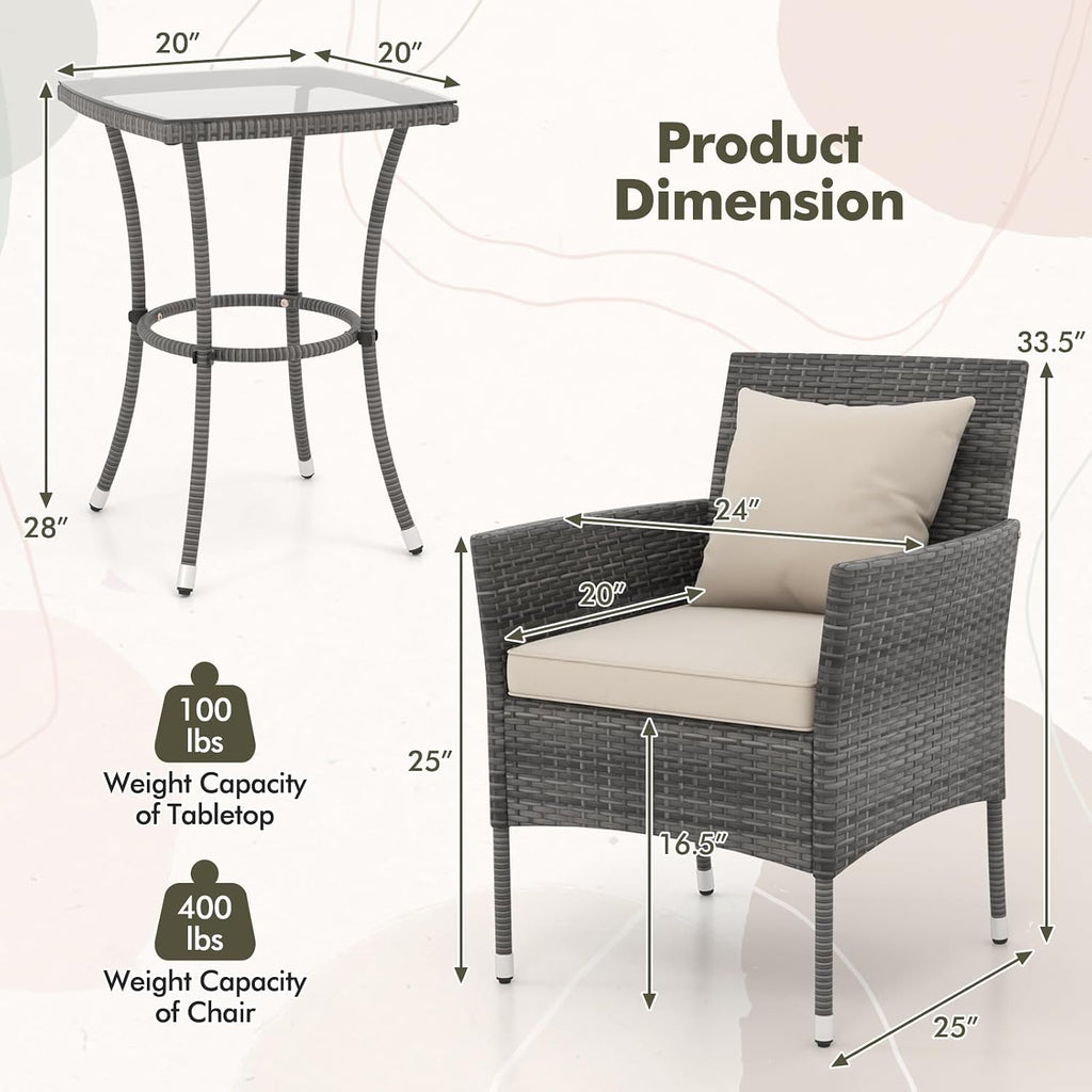 RELAX4LIFE 3-Piece Patio Furniture Set - Rattan Wicker Outdoor Furniture w/Cushions & Tempered Glass Coffee Table, Small Conversation Bistro Table and Chairs Set of 2 for Garden Porch Balcony (Beige)