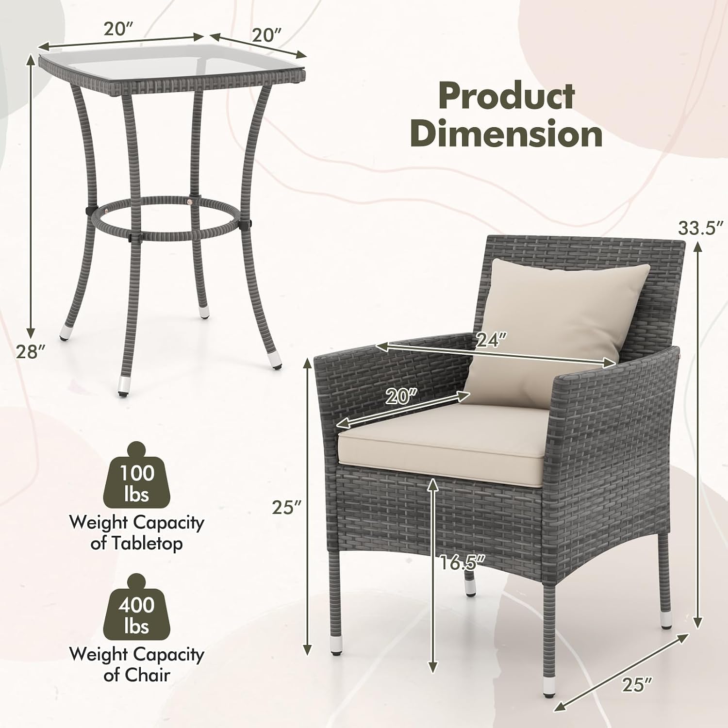 RELAX4LIFE 3-Piece Patio Furniture Set - Rattan Wicker Outdoor Furniture w/Cushions & Tempered Glass Coffee Table, Small Conversation Bistro Table and Chairs Set of 2 for Garden Porch Balcony (Beige)