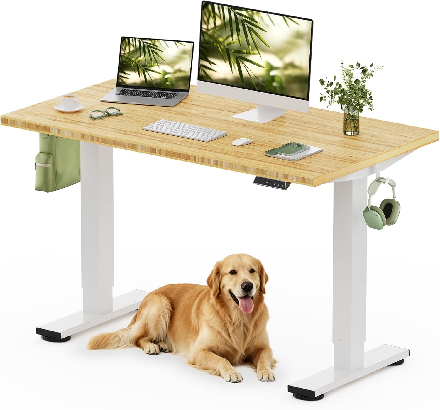 FLEXISPOT Solid Wood Standing Desk, One-Piece Real Wood Desktop, Electric Height Adjustable Desk for Home Office, 176 LBS Capacity (48'x24' Bamboo, White Frame)
