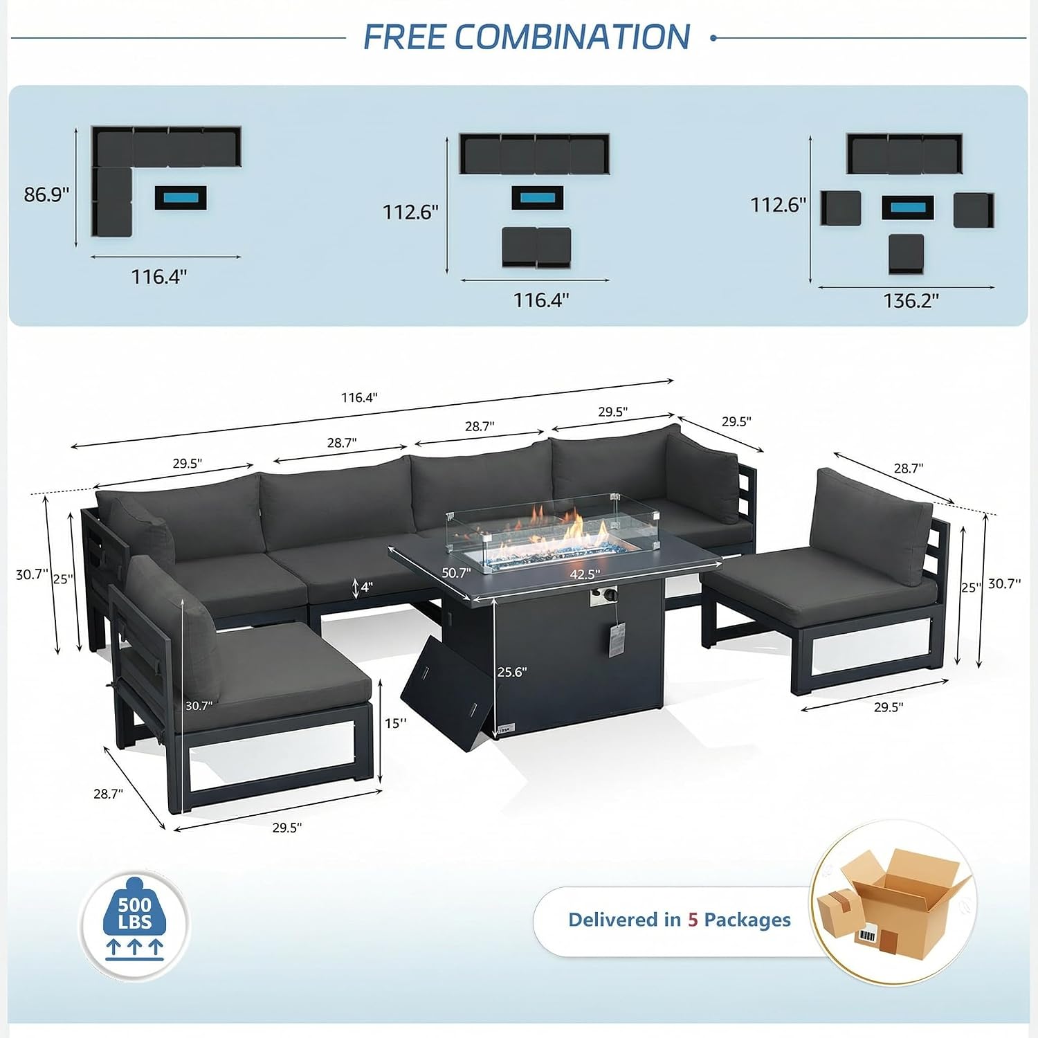 NICESOUL 7 Piece Modern Aluminum Outdoor Furniture Set with Fire Pit Propane/Gas, 29 inch Deep Wide Seat, All Weather Patio Conversation Set, L Shaped Modular Sectional Sofa for Backyard, Dark Gray