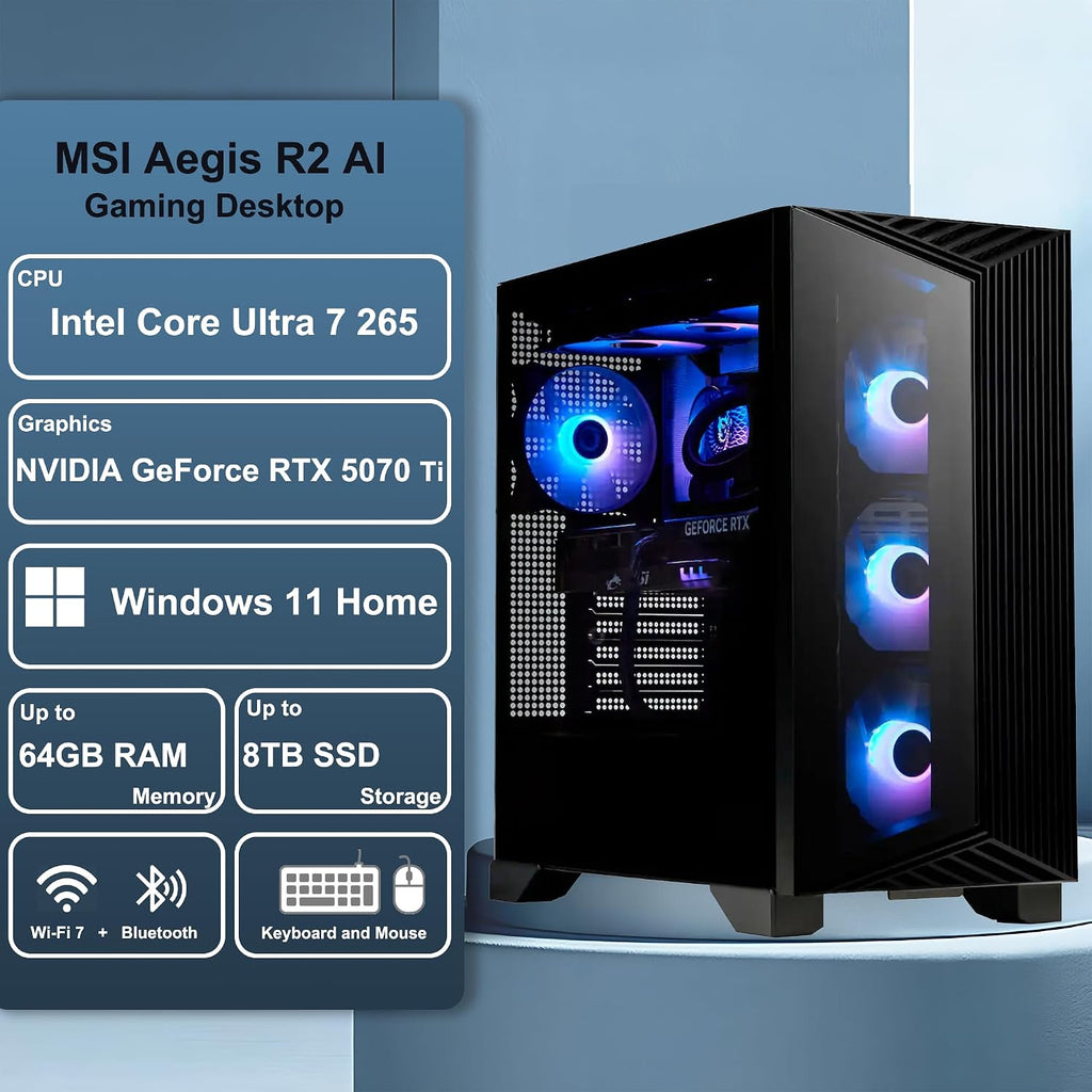 msi Aegis R2 AI 2nd Gaming Desktop Intel 20-core Ultra 7 265 32GB RAM 2TB SSD GeForce RTX 5070 Ti 16GB GRDDR7 (Up to 1406 Tops) 5Gb Ethernet Wi-Fi7 360mm Liquid Cooler 750W 80+ Gold PSU Win11 ICP Hub