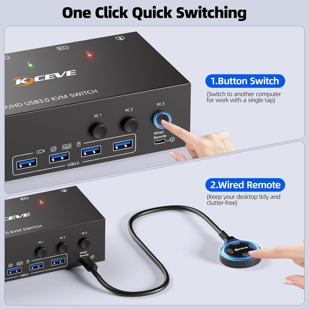 KVM Switch 3 Monitors 3 Computers 8K@60Hz 4K@144Hz, HDMI Dispalyport Triple Monitor KVM Switches for 3 PC Share 3 Monitor and 4 USB 3.0 Devices, Wired Remote, Power Adapter and USB3.0 Cables Included