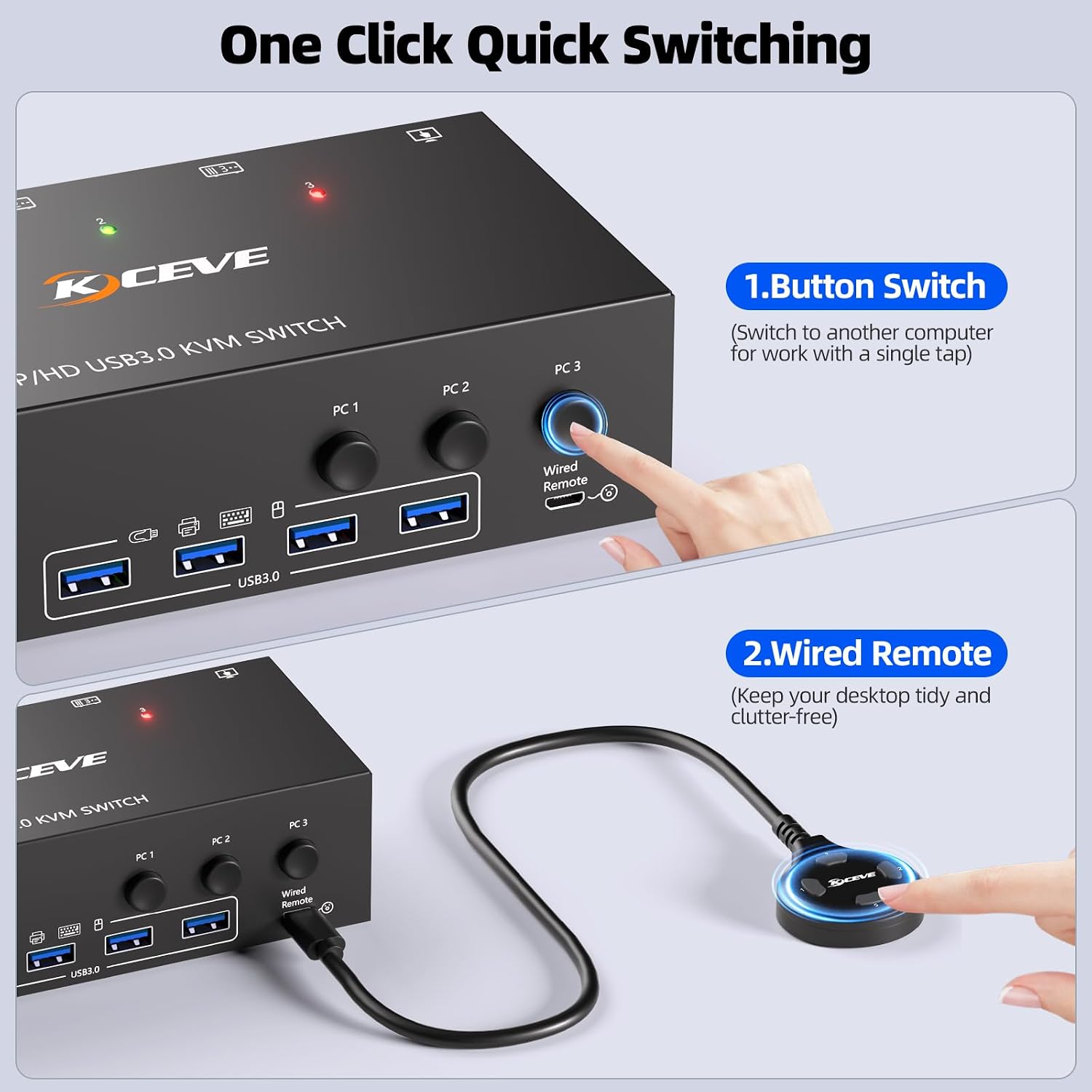KVM Switch 3 Monitors 3 Computers 8K@60Hz 4K@144Hz, HDMI Dispalyport Triple Monitor KVM Switches for 3 PC Share 3 Monitor and 4 USB 3.0 Devices, Wired Remote, Power Adapter and USB3.0 Cables Included