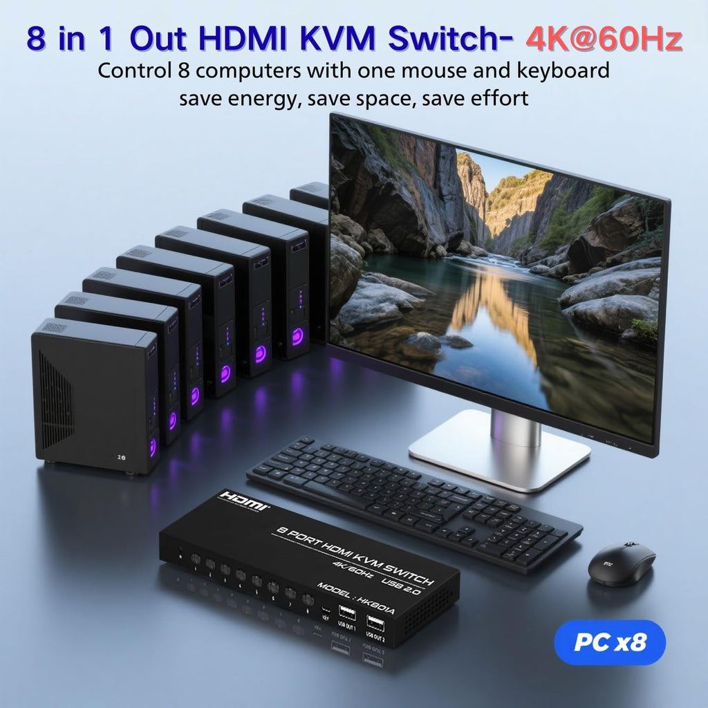 8 Port HDMI KVM Switch, 4K@60Hz 8 in 1 Out HDMI KVM Switch for 8 Computers Share 1 HD Monitor and 4 USB Devices, Including 8 HDMI Cables and Remote Control