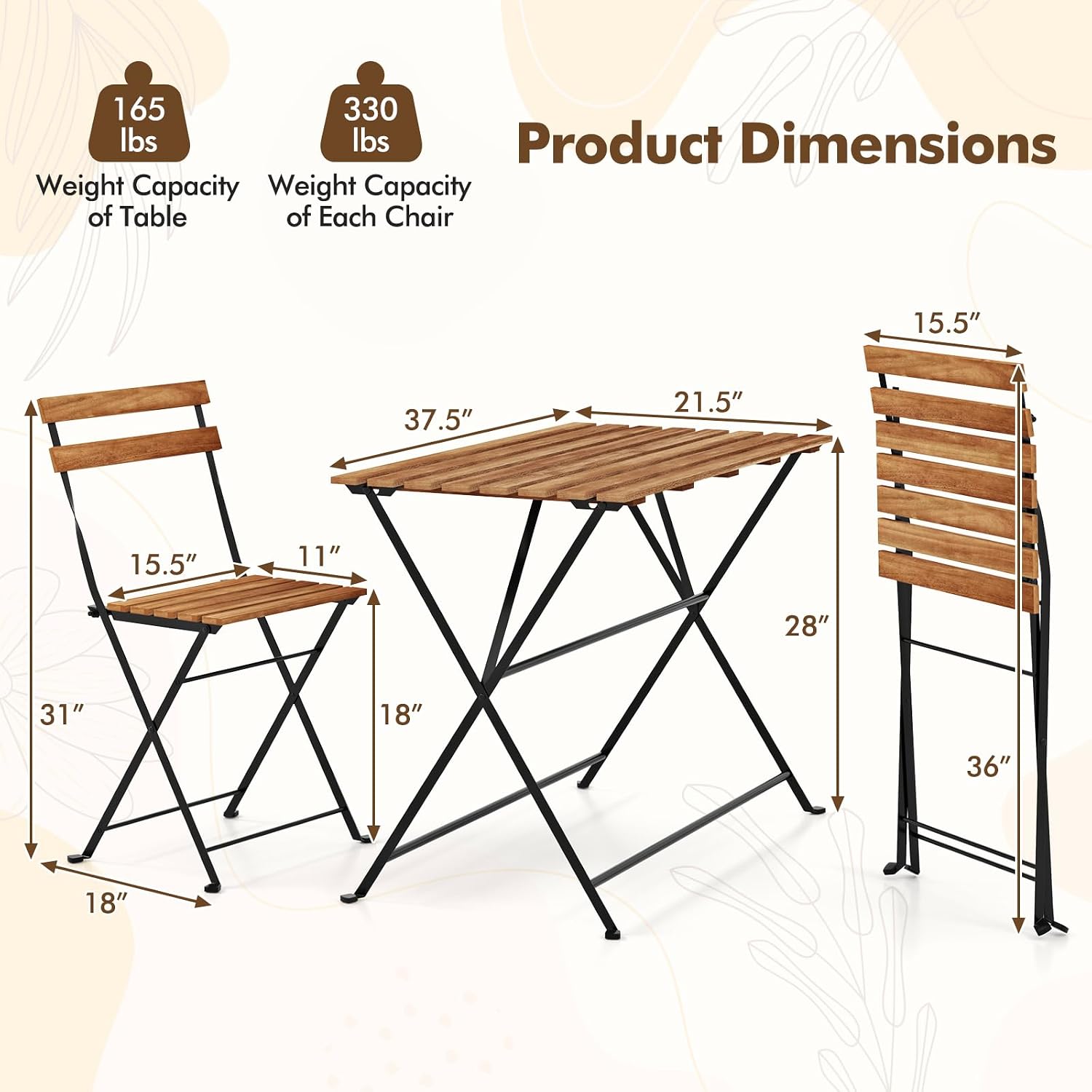 Giantex 5-Piece Outdoor Dining Table Set for 4, Acacia Wood Bistro Table with 4 Folding Patio Chairs, Slatted Seat & Tabletop, Metal Frame, for Yard Porch Garden Poolside (Black + Brown)